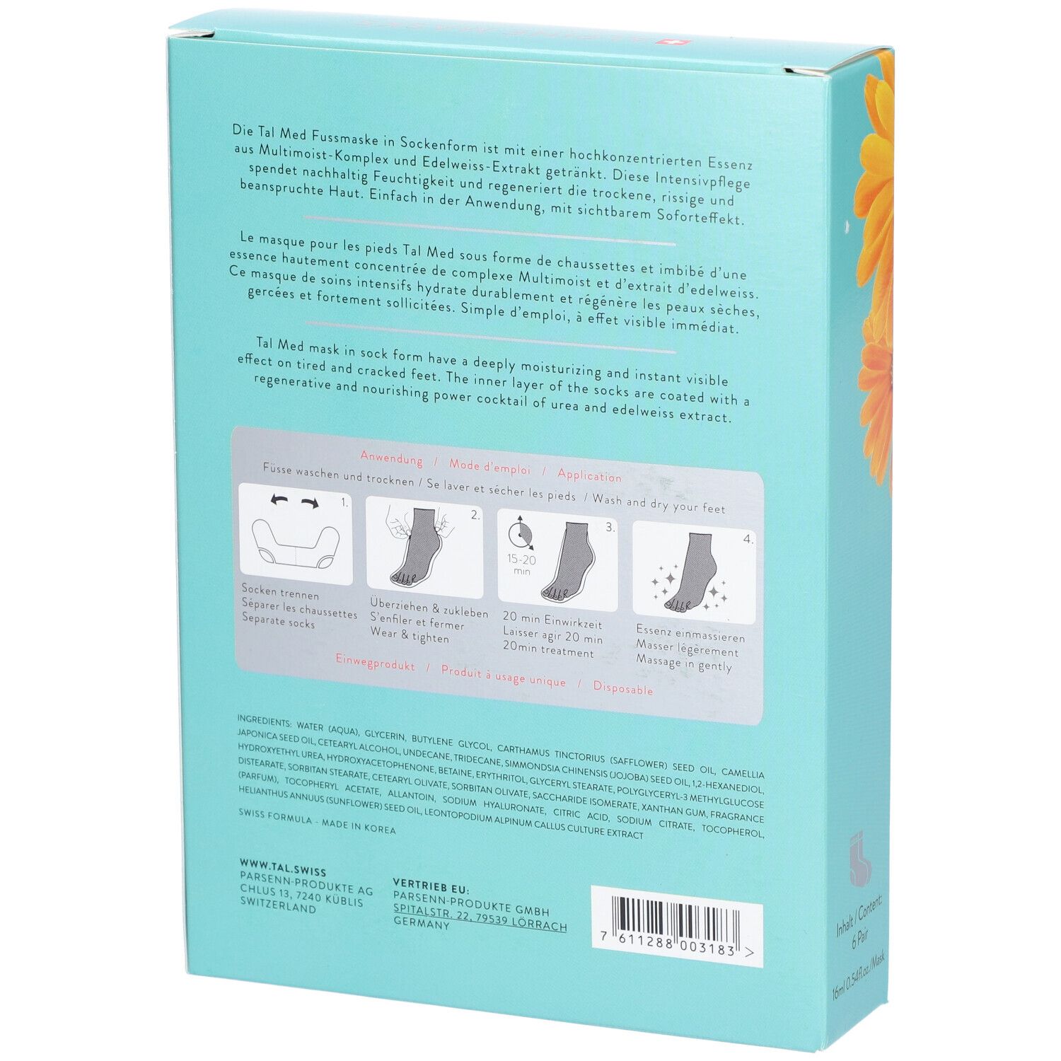 Rückseite der hellblauen Verpackung. Text in Deutsch, Anwendungsanleitung und Inhaltsstoffe der Fußmaske.