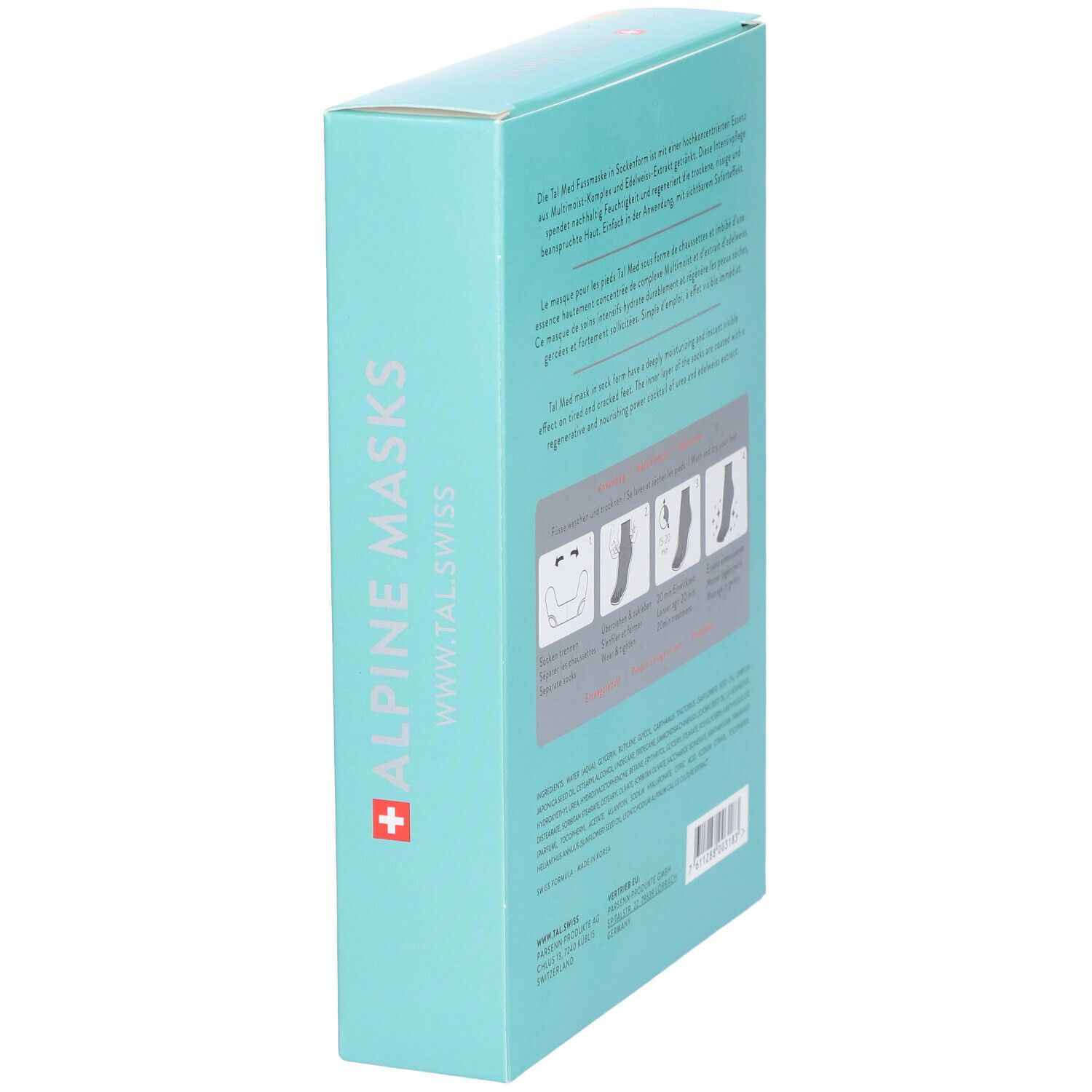 Seite der hellblauen Verpackung mit Text und Logo "Alpine Masks". Schweizer Kreuz.