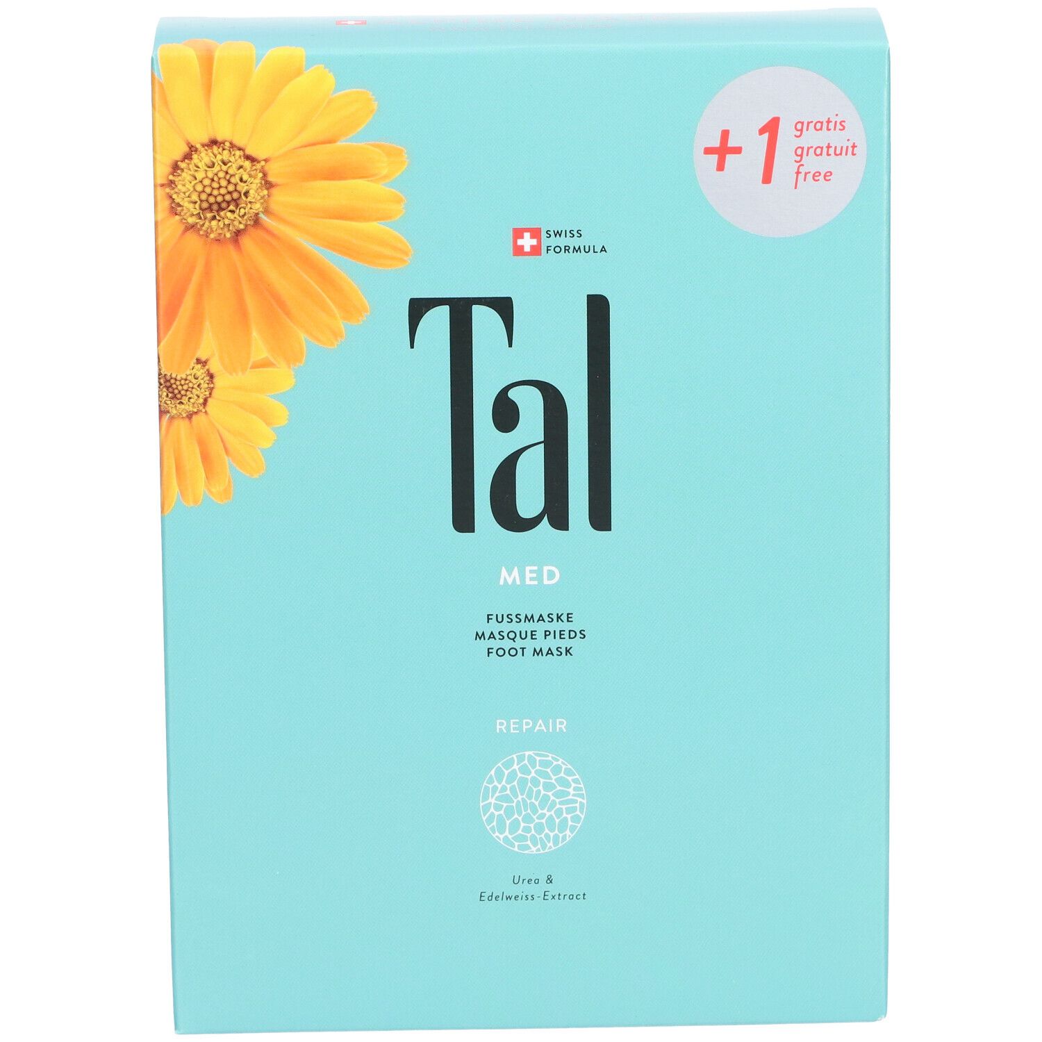 Hellblaue Verpackung mit gelben Blüten und dem Schriftzug "Tal MED". Enthält Fußmasken. Mit "+1 gratis" Aufkleber.