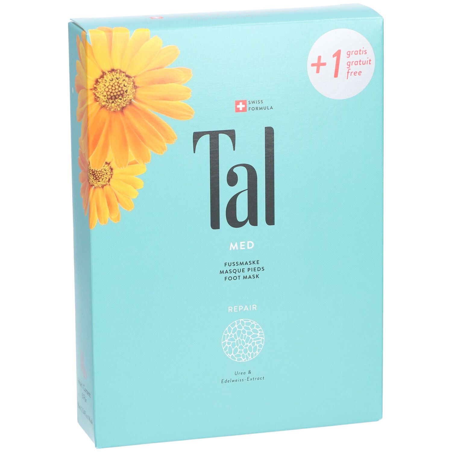 Hellblaue Verpackung mit gelben Blüten und dem Schriftzug "Tal MED". Enthält Fußmasken. Mit "+1 gratis" Aufkleber.