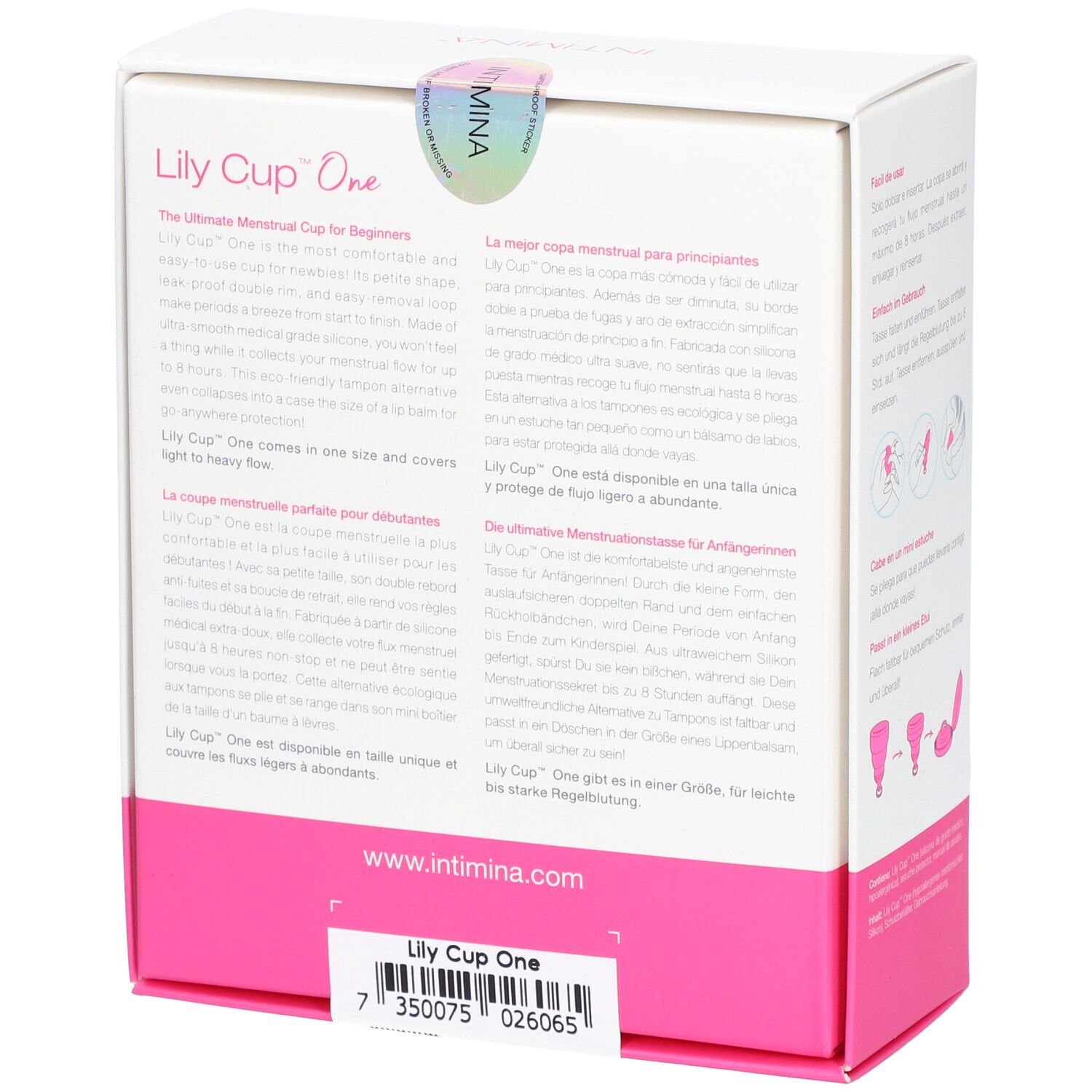 Dos de la boîte INTIMINA Lily Cup One. Informations produit et code-barres.