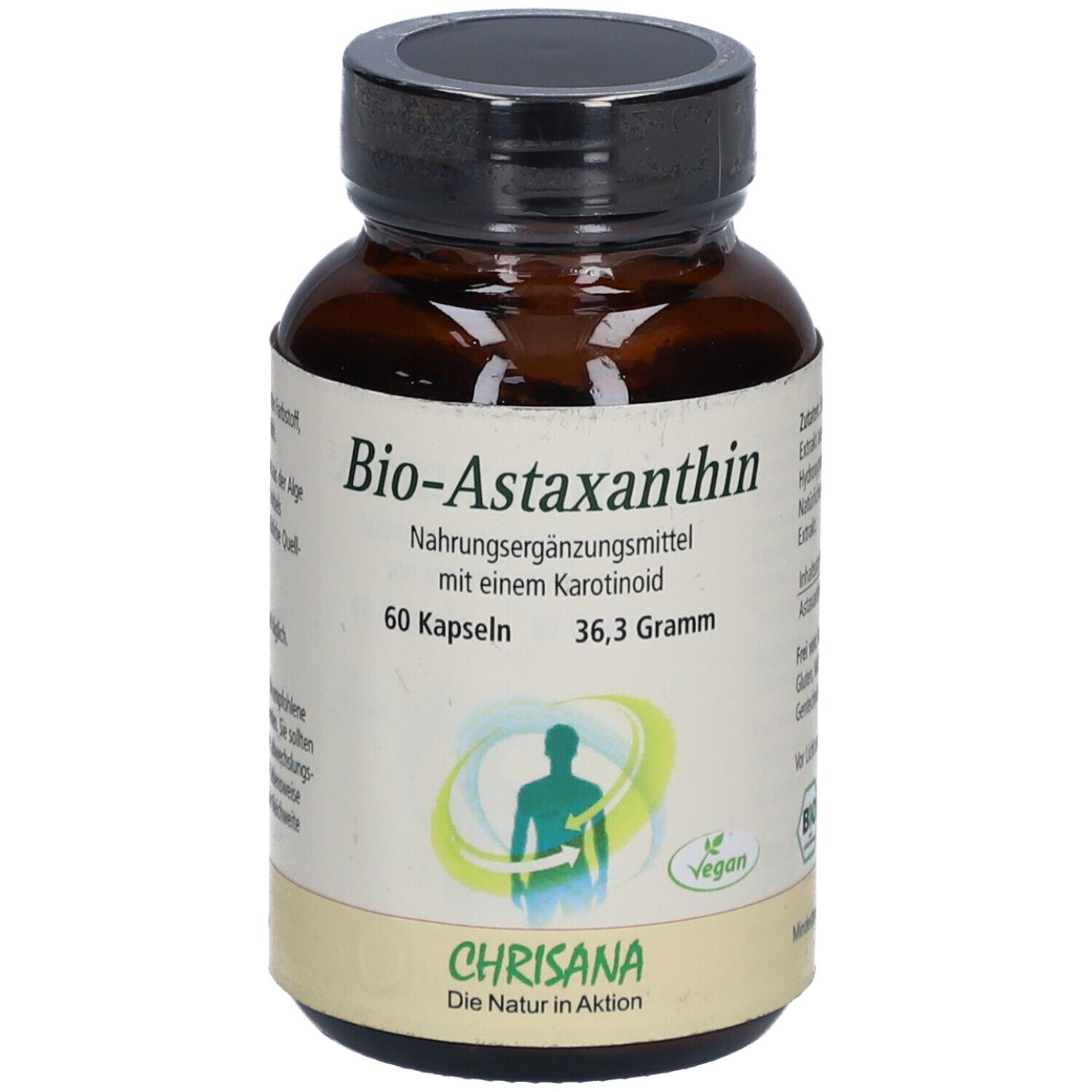 Braune Glasflasche mit schwarzen Deckel. Aufschrift: Bio-Astaxanthin, 60 Kapseln, 36,3 Gramm. Marke: Chrisana.