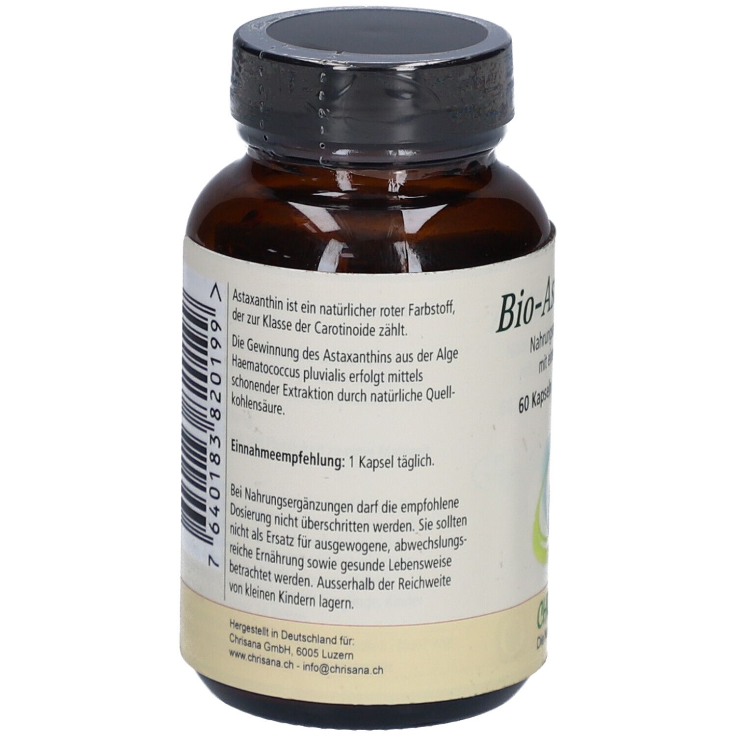 Rückseite einer braunen Glasflasche. Text: Astaxanthin, 60 Kapseln. Herstellerinformationen und Barcode.