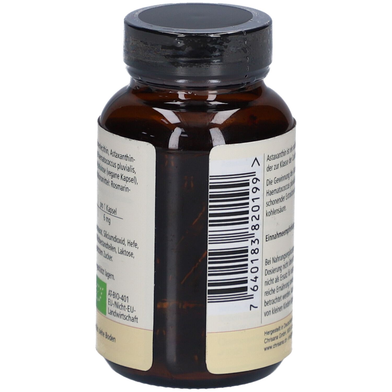 Braune Glasflasche, Seitenansicht. Barcode und Text. Herstellerinformationen.