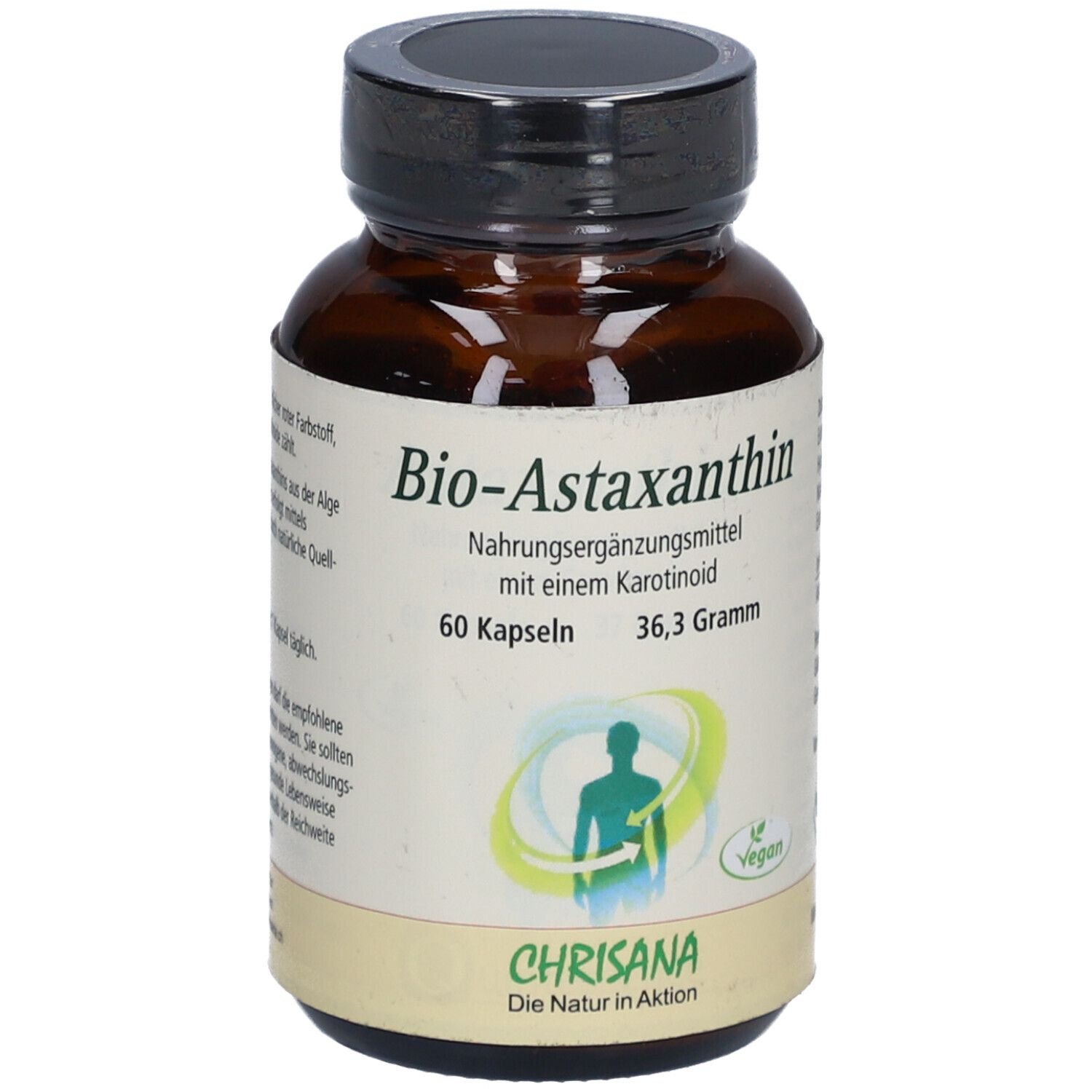 Braune Glasflasche mit schwarzen Deckel. Aufschrift: Bio-Astaxanthin, 60 Kapseln, 36,3 Gramm. Marke: Chrisana.