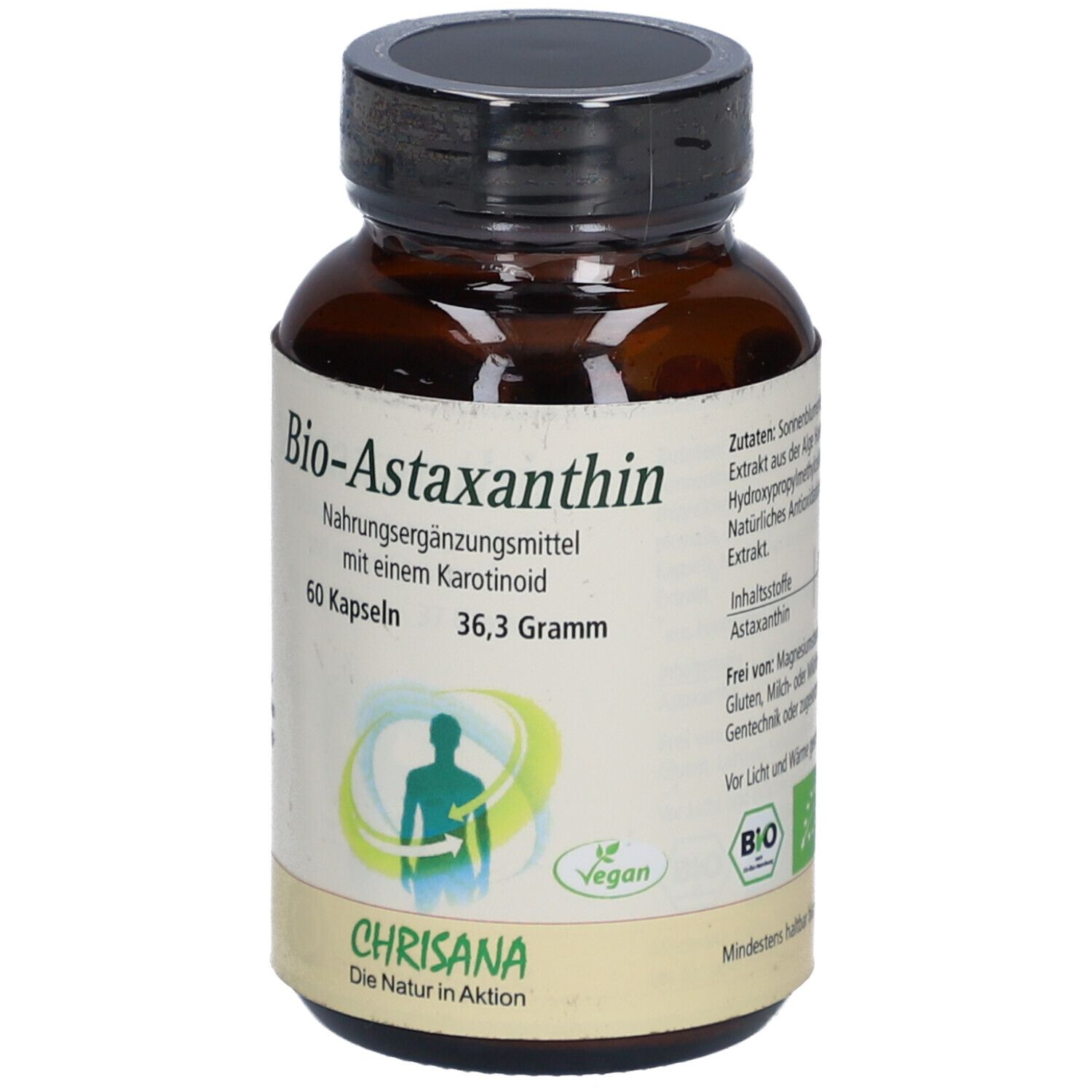 Braune Glasflasche mit schwarzen Deckel. Aufschrift: Bio-Astaxanthin, 60 Kapseln, 36,3 Gramm. Marke: Chrisana.