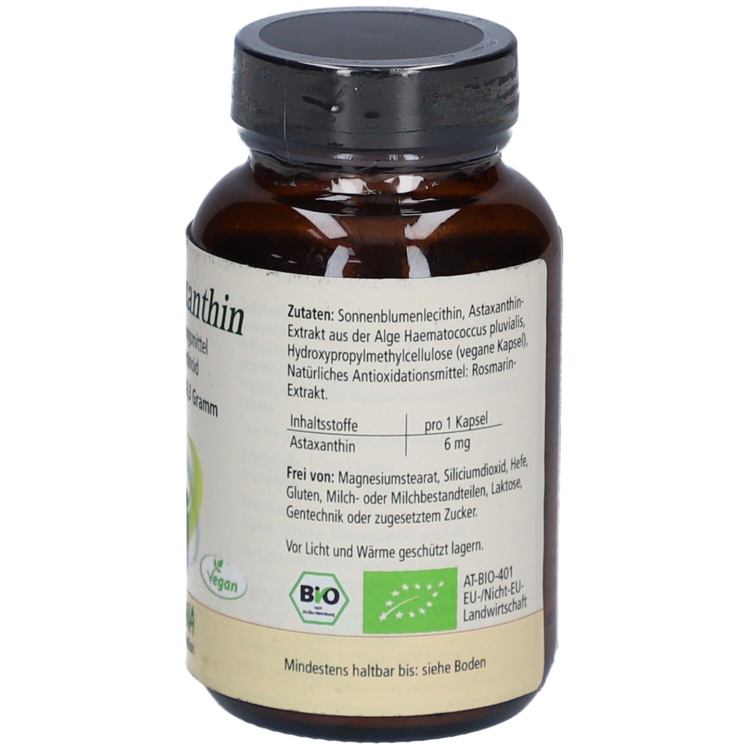 Rückseite der braunen Glasflasche. Zutatenliste, Inhaltsstoffe, Bio-Siegel. Mindesthaltbarkeitsdatum.