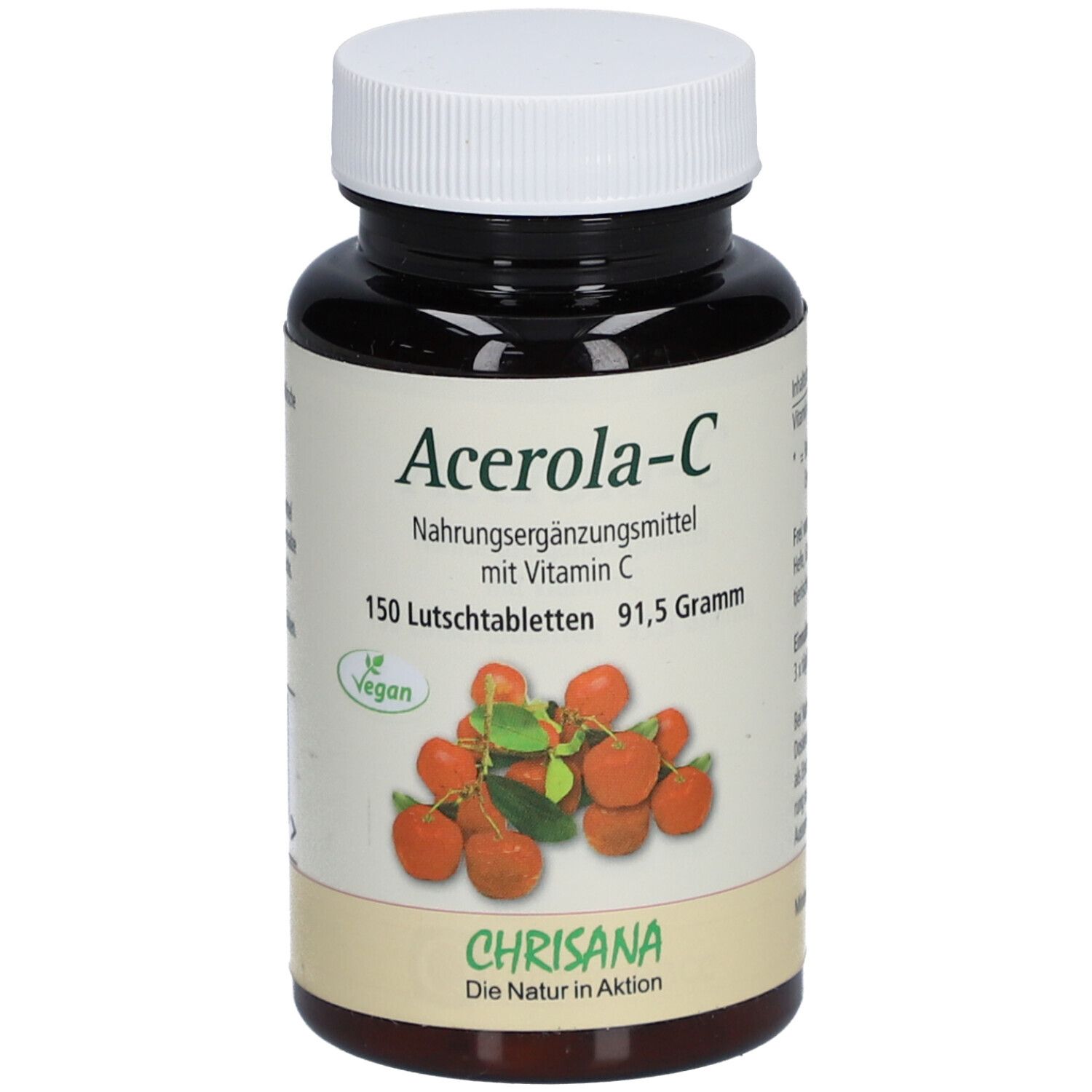 Braune Flasche mit weißem Deckel. Aufschrift: Acerola-C, Nahrungsergänzungsmittel. Abbildung von Acerola-Früchten. Vegan-Siegel.