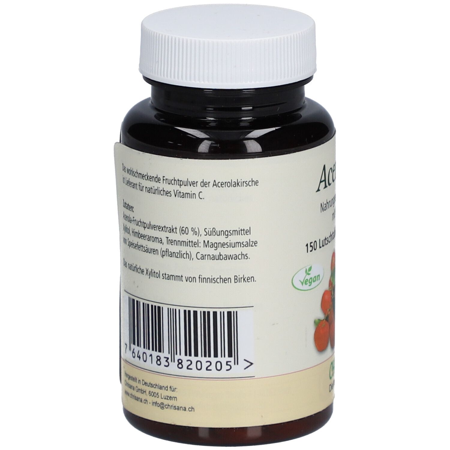 Rückseite der Flasche. Text: Acerola-C, Nahrungsergänzungsmittel. Zutatenliste, Informationen. Barcode und Herstellerangaben.