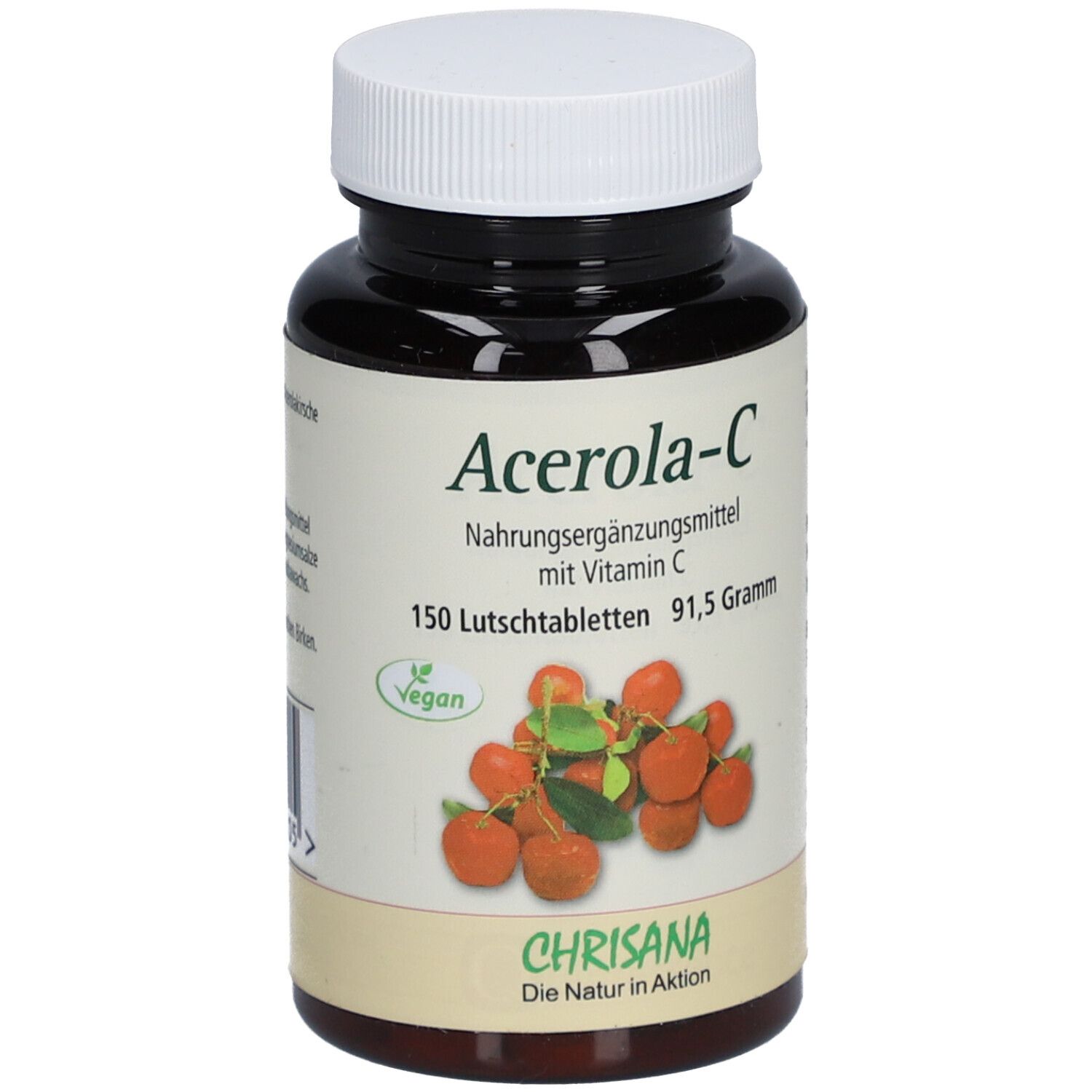 Braune Flasche mit weißem Deckel. Aufschrift: Acerola-C, Nahrungsergänzungsmittel. Abbildung von Acerola-Früchten. Vegan-Siegel.