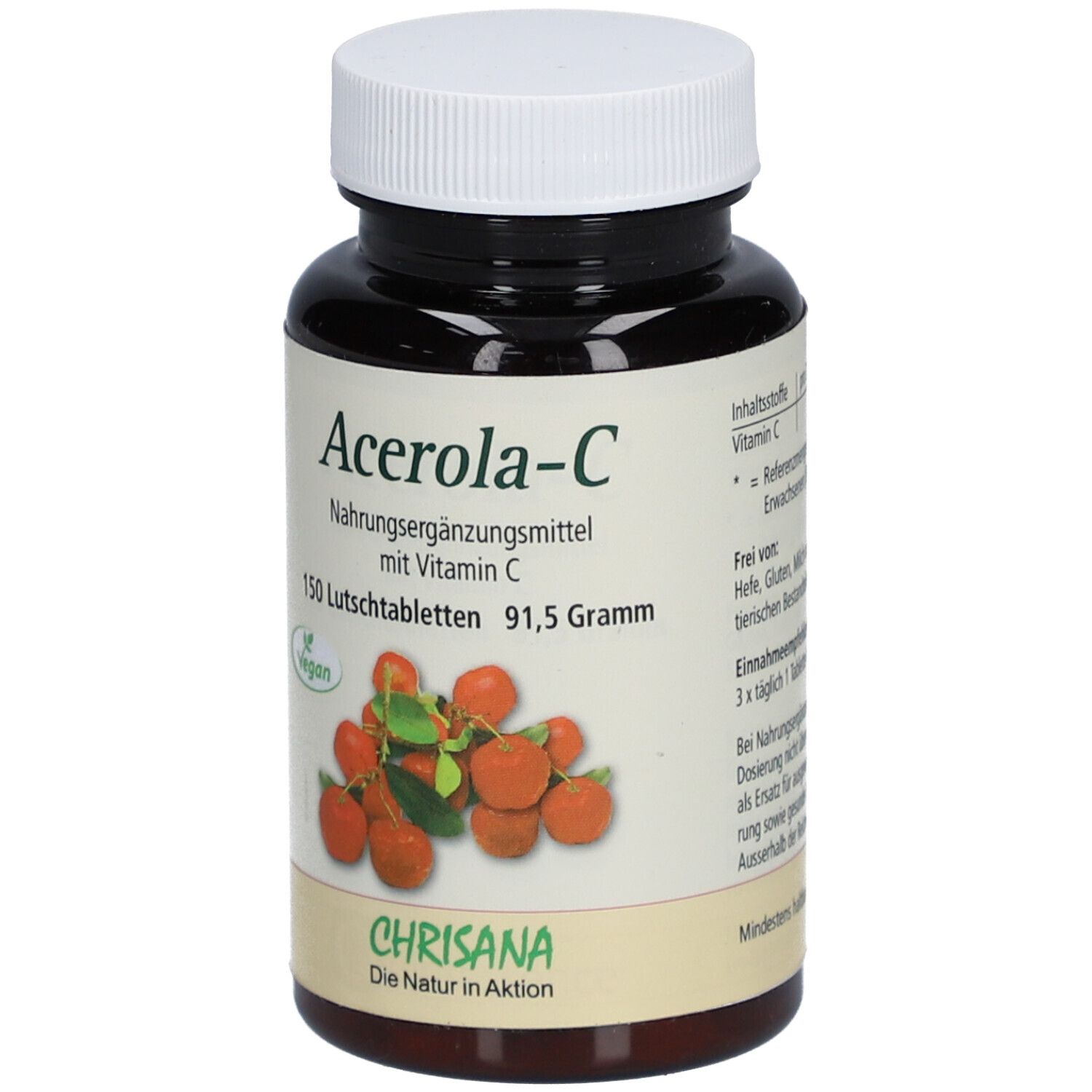 Braune Flasche mit weißem Deckel. Aufschrift: Acerola-C, Nahrungsergänzungsmittel. Abbildung von Acerola-Früchten. Vegan-Siegel.