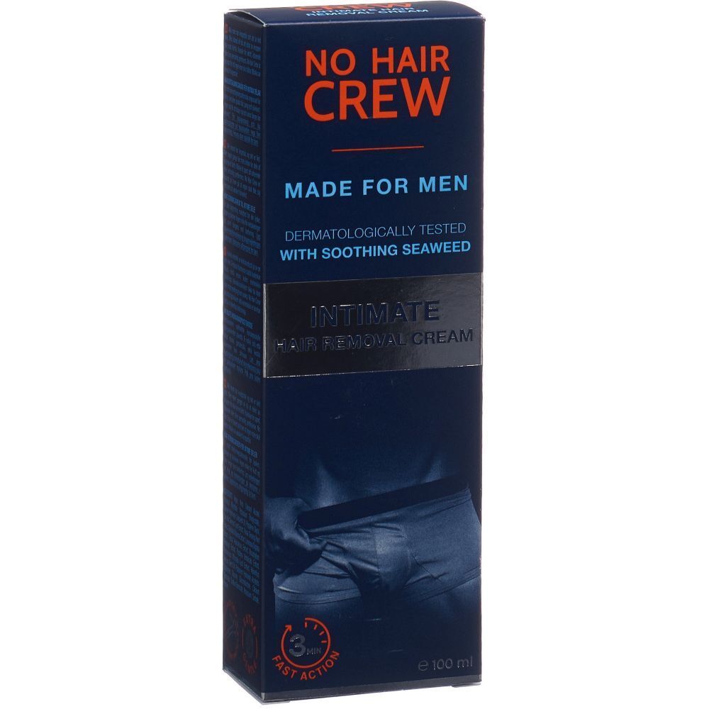 Dunkelblaue Verpackung mit Produktnamen NO HAIR CREW. Aufschrift: MADE FOR MEN, INTIMATE Hair Removal Cream. Abbildung eines Mannes.