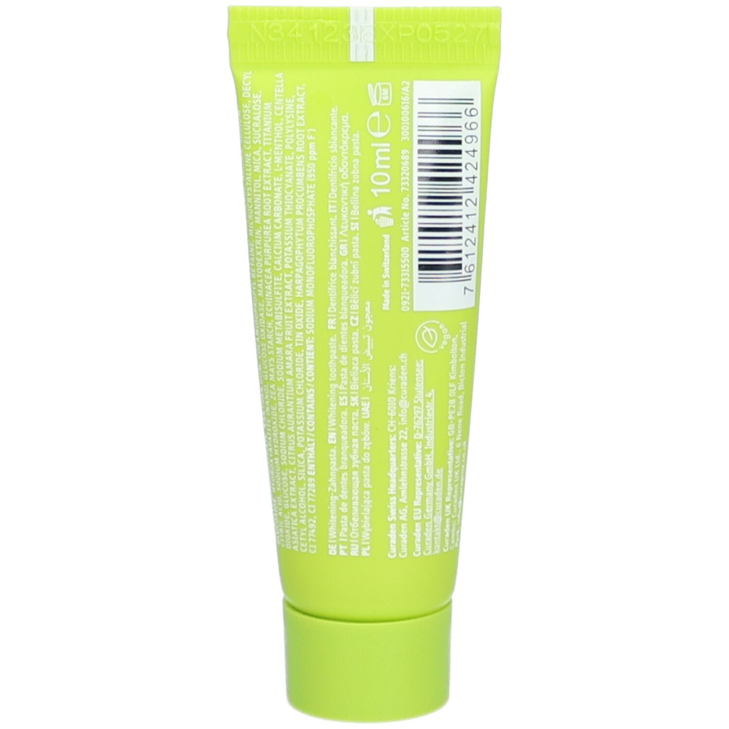Rückseite einer grünen Zahncreme-Tube. Text mit Inhaltsstoffen und Barcode. Volumen: 10ml.