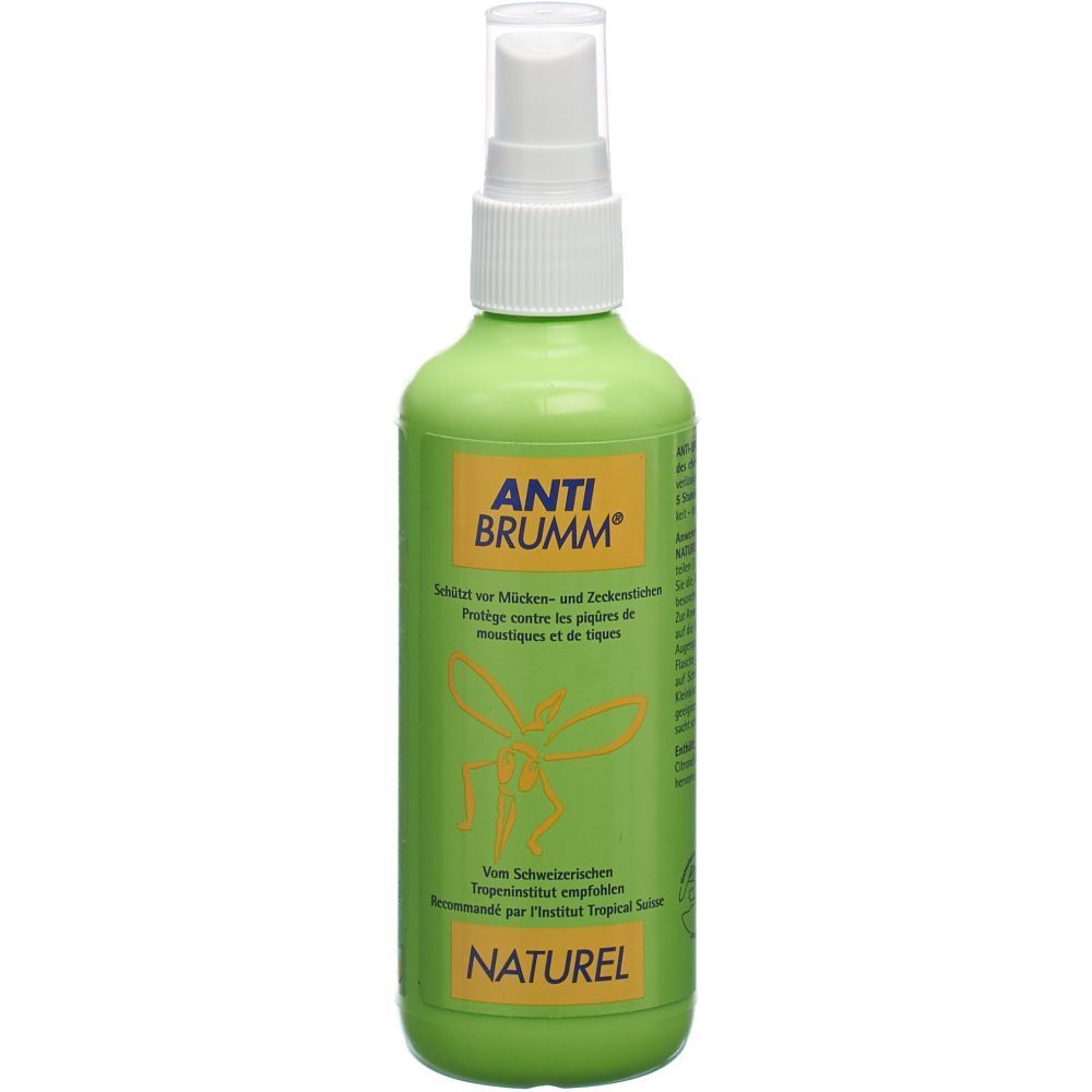 Grüne Sprühflasche mit weißem Sprühkopf. Aufschrift ANTI BRUMM NATUREL. Abbildung einer Mücke.