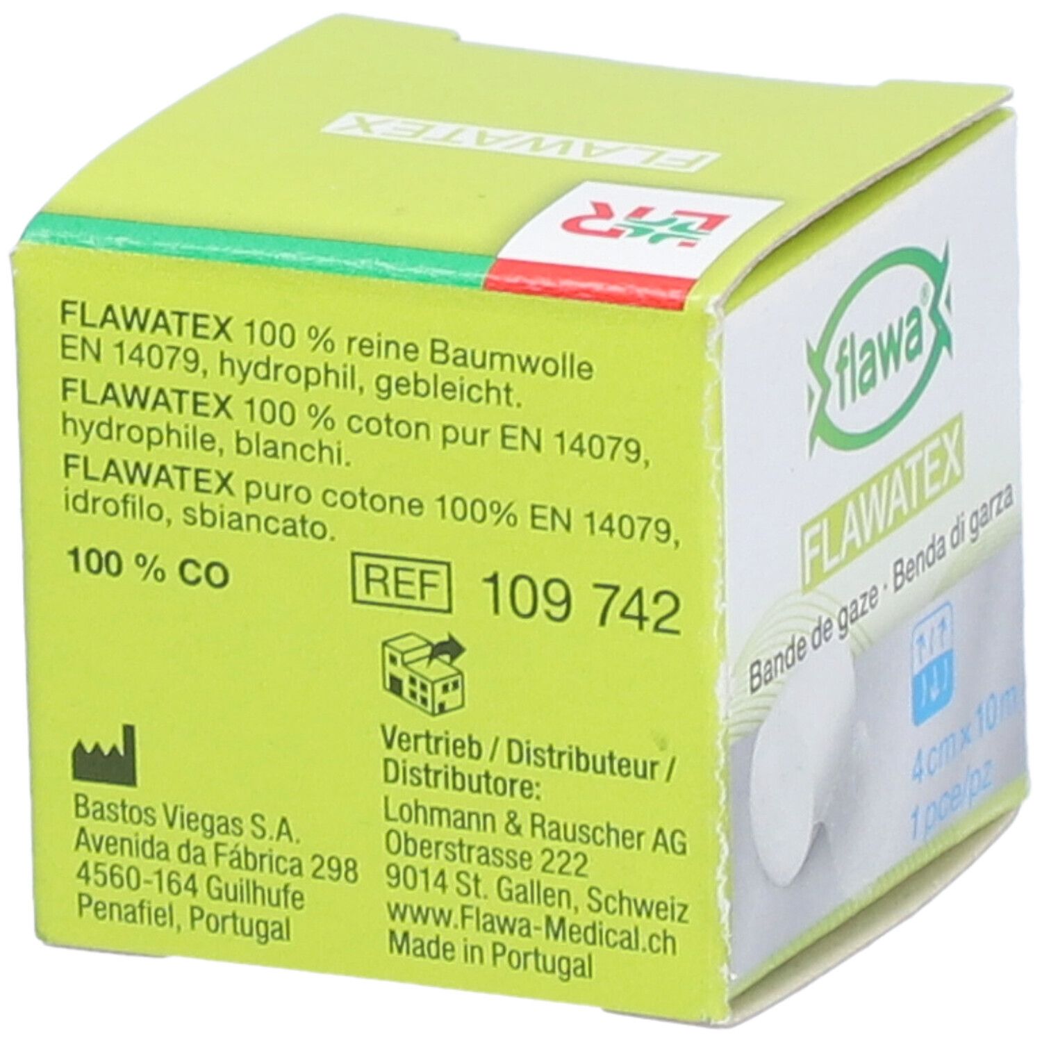 Emballage Flawa Gazebinde. Dos avec informations produit, ingrédients et adresse fabricant. Référence 109 742.