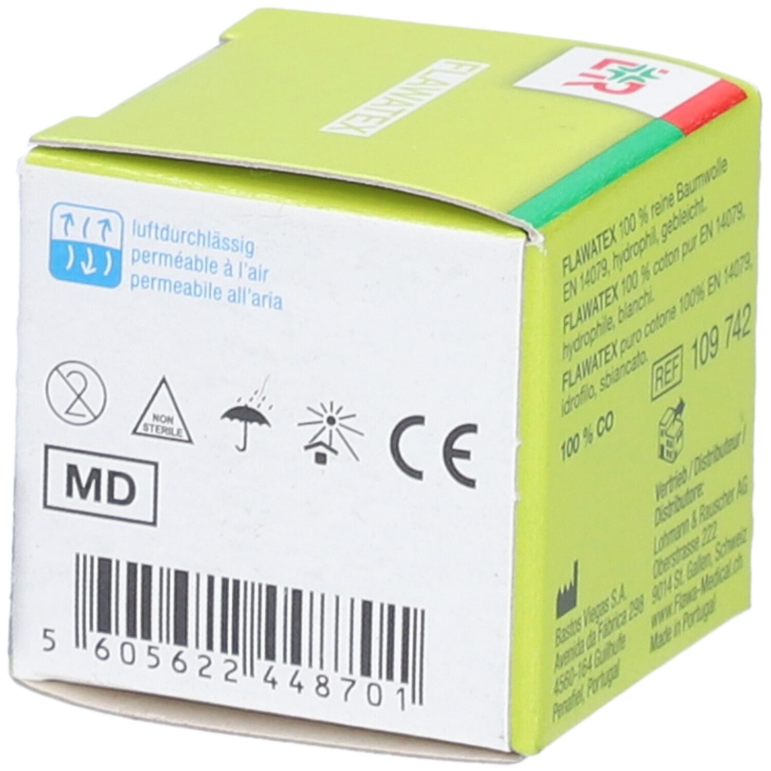 Emballage Flawa Gazebinde. Vue latérale avec symboles produits médicaux, marquage CE et code-barres.