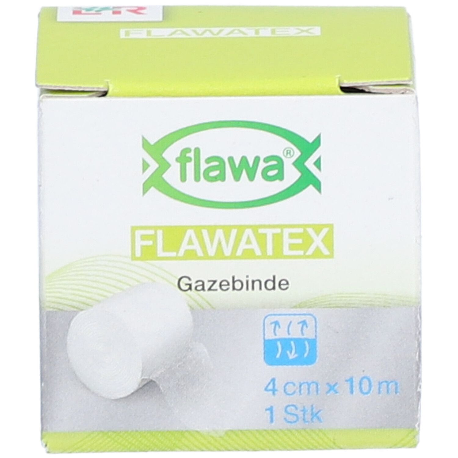 Emballage Flawa Gazebinde. Vue avant avec nom du produit, dimensions 4cm x 10m et 1 pièce. Matériau de bandage blanc.