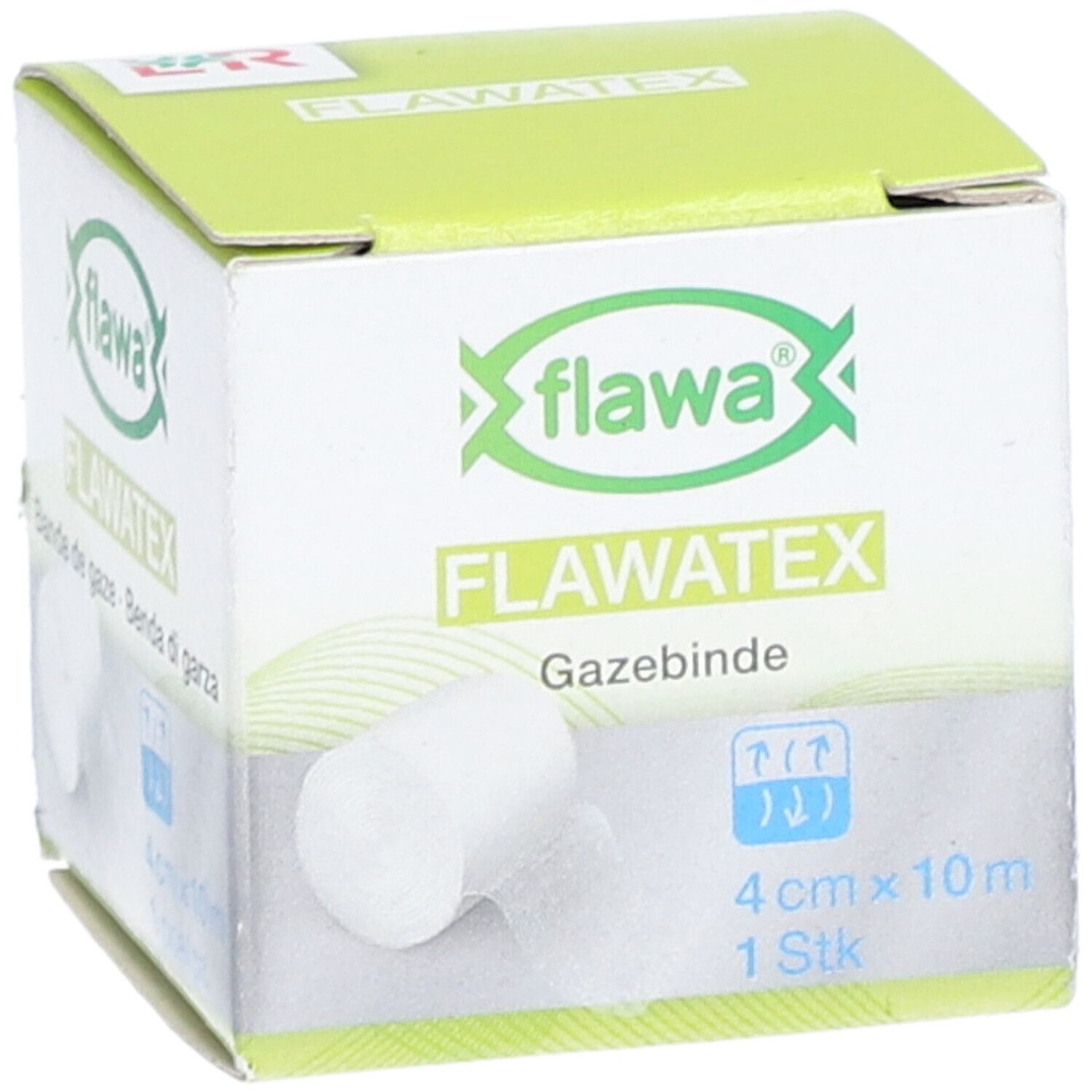 Emballage Flawa Gazebinde. Nom du produit, dimensions 4cm x 10m et 1 pièce. Matériau de bandage blanc visible.