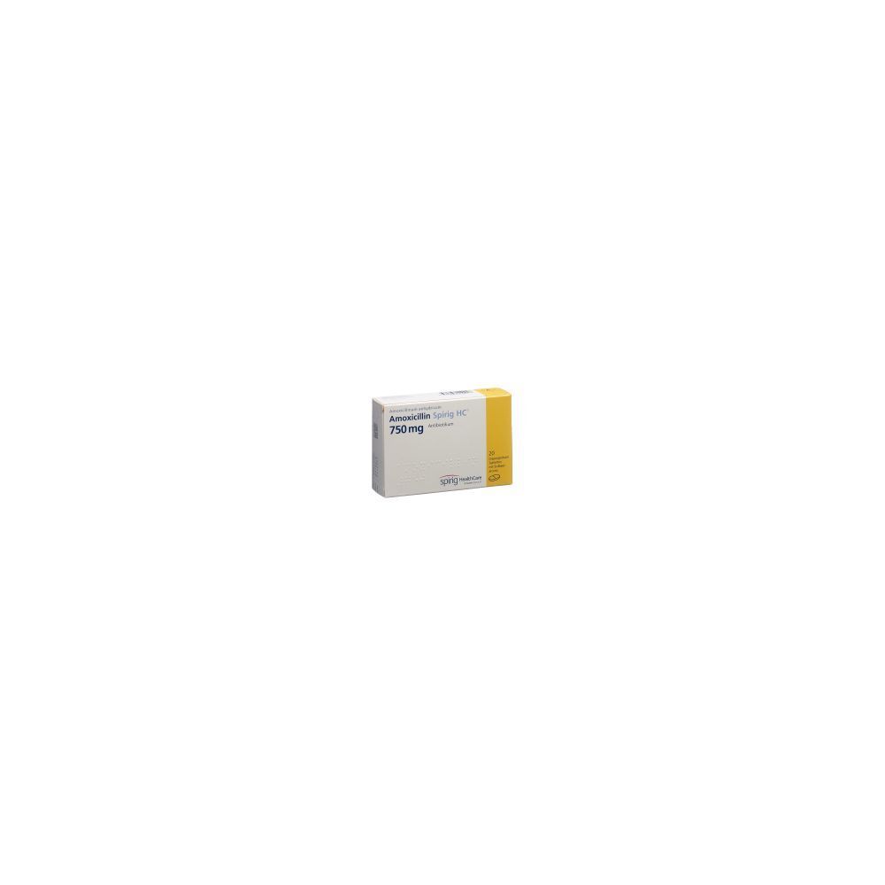 Karton AMOXICILLIN Spirig HC Disp Tabl 750 mg. Weiß mit gelbem Akzent. Beschriftung: AMOXICILLIN, 750mg.