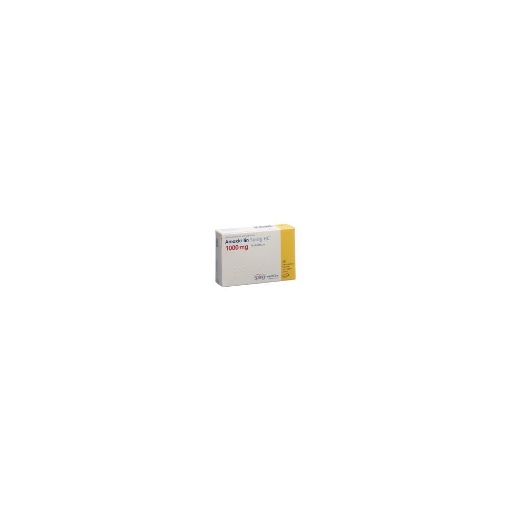 Karton mit AMOXICILLIN Spirig HC Disp Tabl. 1000 mg. Weißer Karton mit gelbem Akzent. Beschriftung: 1000 mg.