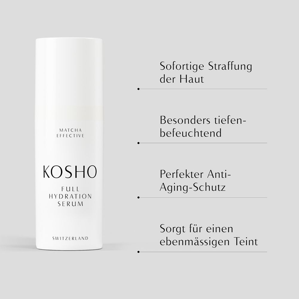 Texte avec les propriétés du sérum : effet tenseur immédiat, hydratation intense, anti-âge, teint uniforme.