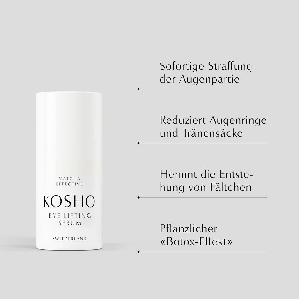 Text auf grauem Hintergrund: Sofortige Straffung, reduziert Augenringe, hemmt Fältchen, pflanzlicher Botox-Effekt.