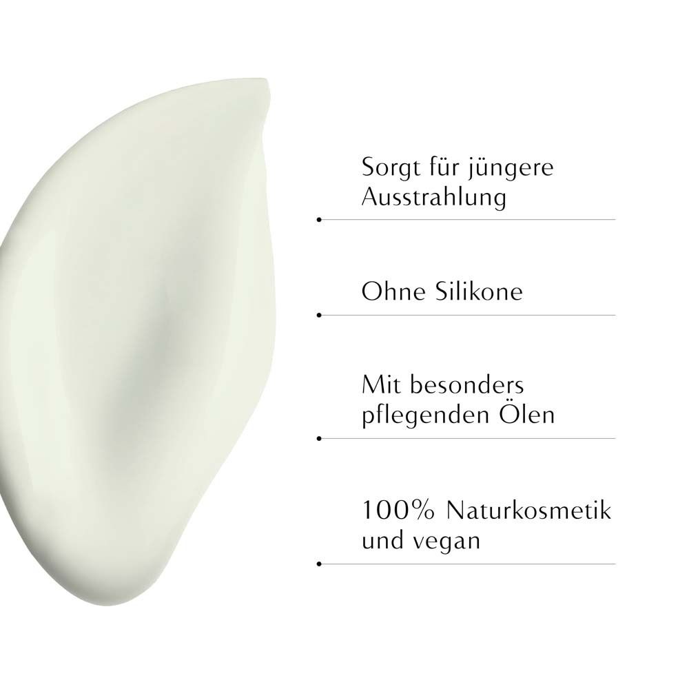 Weißer Klecks mit Text: Sorgt für jüngere Ausstrahlung, ohne Silikone, mit pflegenden Ölen, 100% Naturkosmetik und vegan.