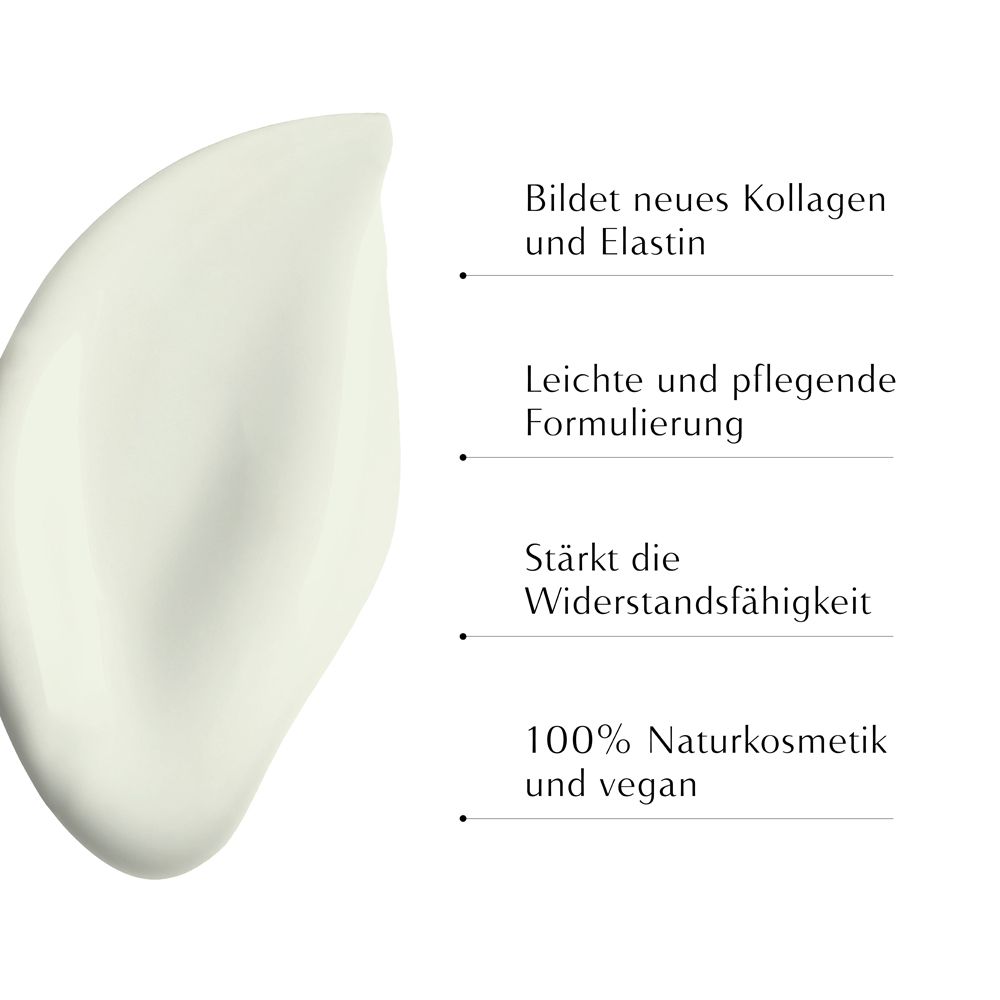 Texte à puces: Forme collagène et élastine, formule légère, renforce la résistance, 100% cosmétiques naturels.