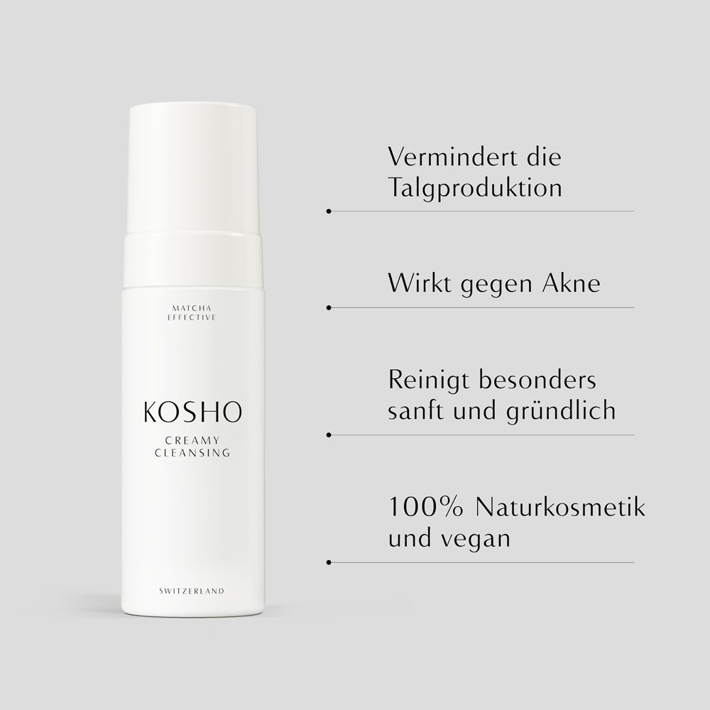 Flacon KOSHO Creamy Cleansing. Texte : Réduit la production de sébum, agit contre l'acné, nettoie en douceur, 100% naturel.