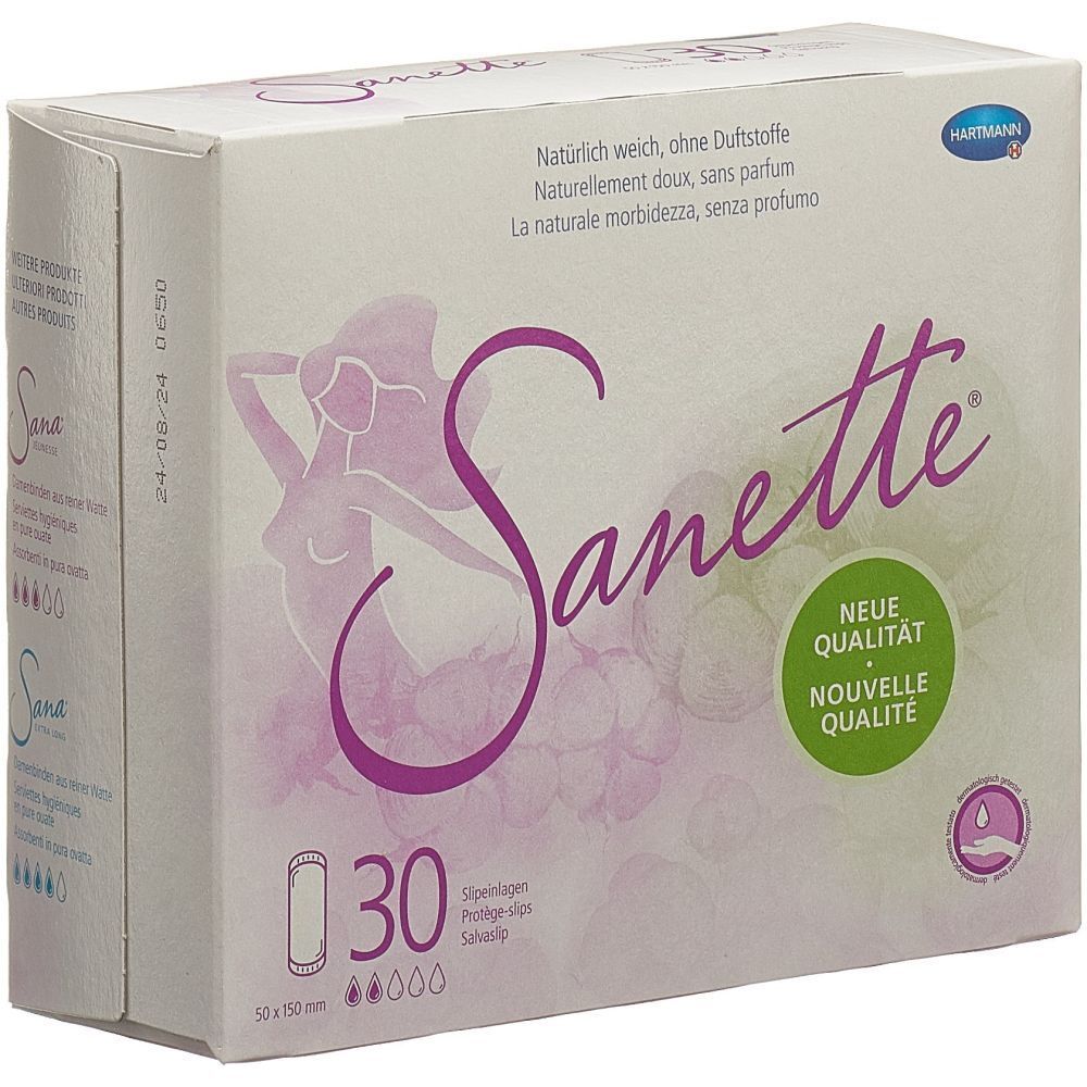 Verpackung von Sanette Slipeinlagen. 30 Stück. Mit Illustration einer Frau. Marke Hartmann.