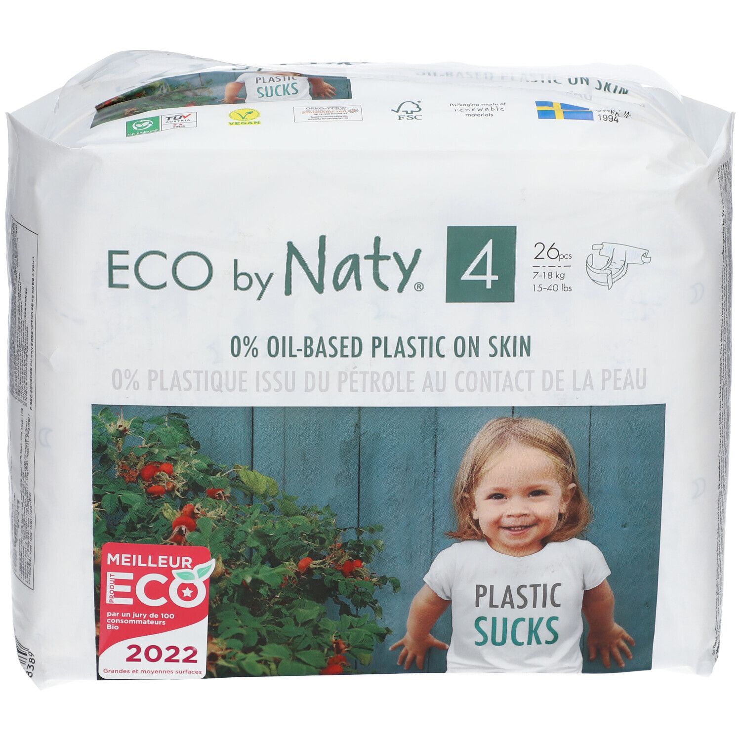 Windelpackung mit Aufdruck. Größe 4, 26 Stück. Aufschrift: ECO by Naty, 0% Öl-basiertes Plastik auf der Haut. Kind mit T-Shirt: PLASTIC SUCKS.
