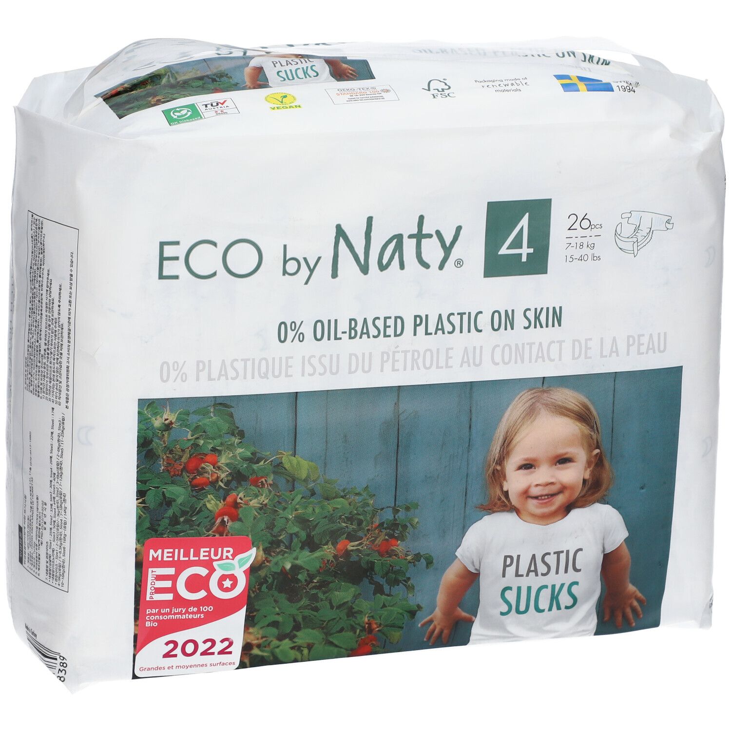 Windelpackung mit Aufdruck. Größe 4, 26 Stück. Aufschrift: ECO by Naty, 0% Öl-basiertes Plastik auf der Haut. Kind mit T-Shirt: PLASTIC SUCKS.