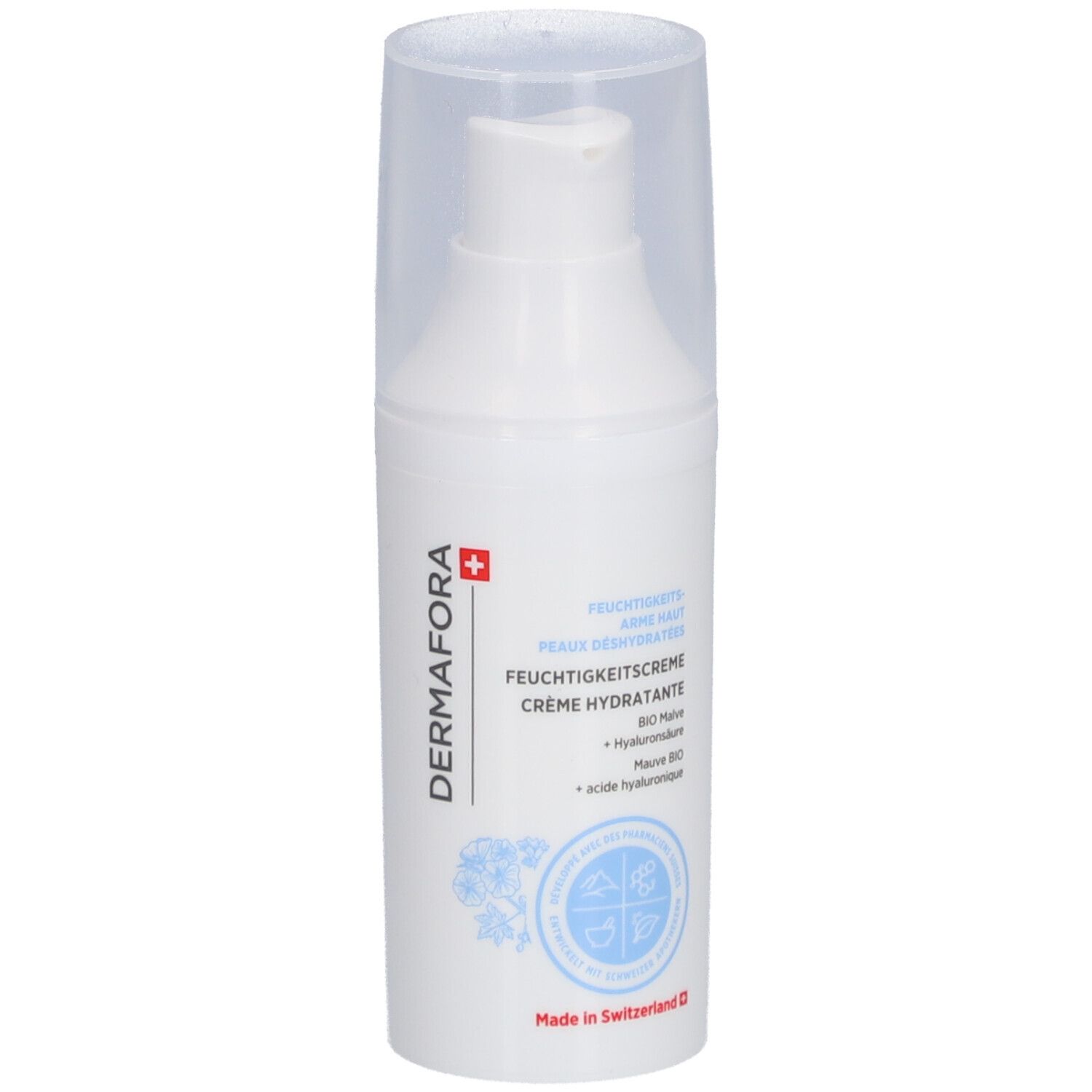 Weiße Pumpflasche mit transparentem Deckel. Aufschrift: DERMAFORA, Feuchtigkeitscreme, Creme hydratante. Schweizer Kreuz.