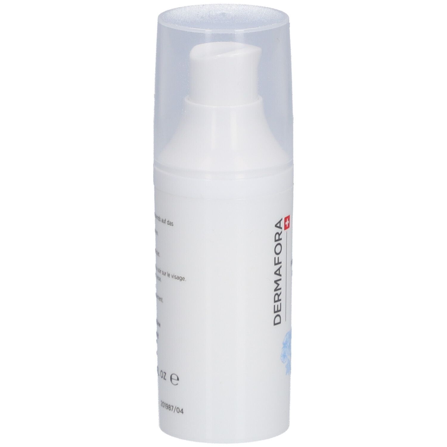 Weiße Pumpflasche mit transparentem Deckel. Aufschrift: DERMAFORA. Produktinformationen auf der Seite.