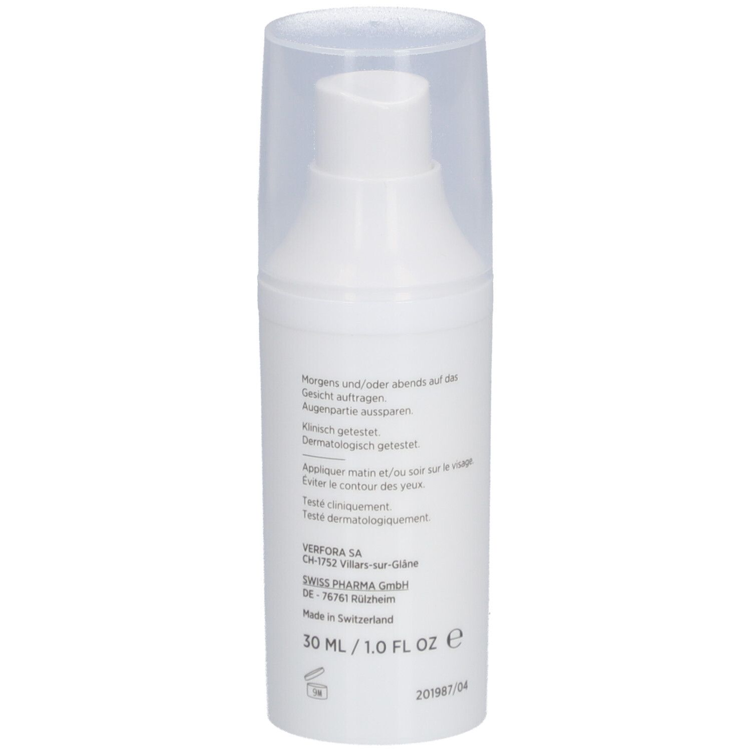 Weiße Pumpflasche mit transparentem Deckel. Text: Anwendungshinweise, 30 ml, Herstelleradresse.