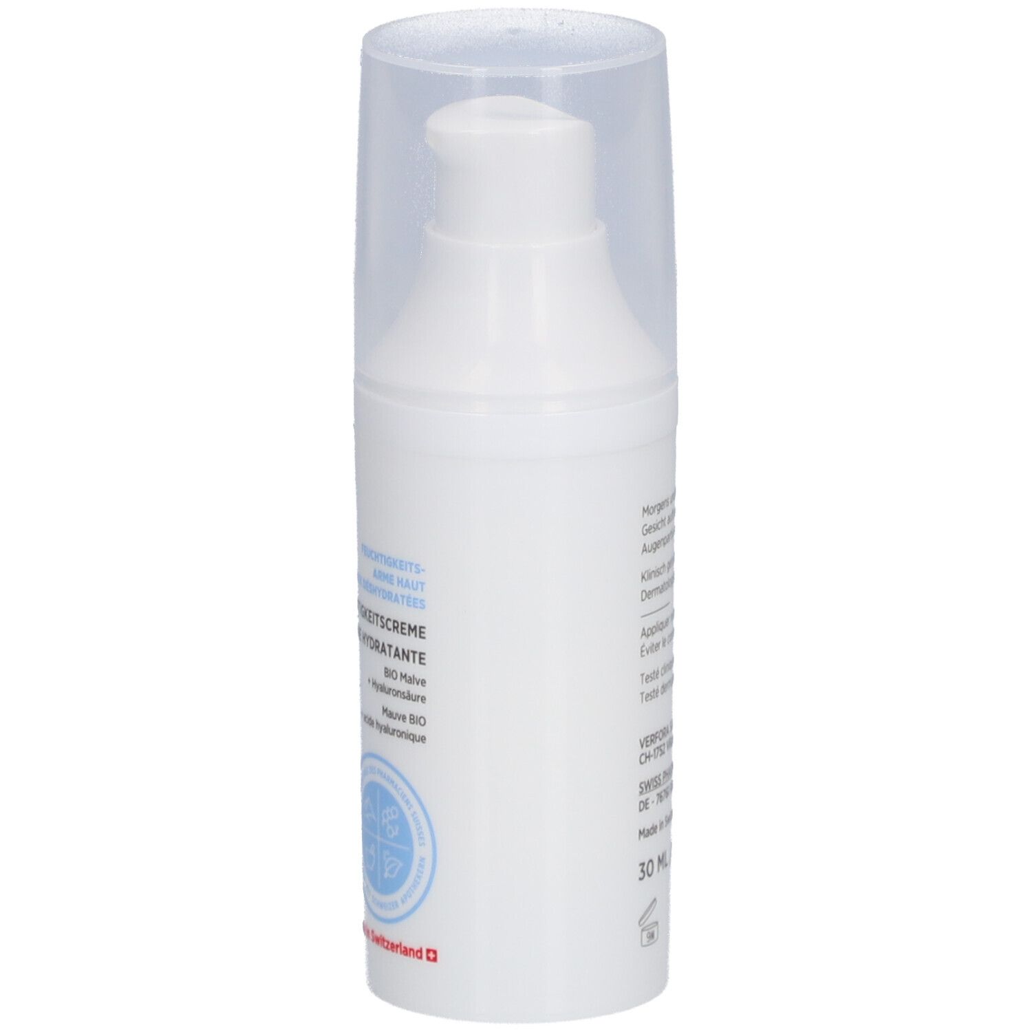 Weiße Pumpflasche mit transparentem Deckel. Aufschrift: DERMAFORA, Feuchtigkeitscreme, Creme hydratante. Schweizer Kreuz.