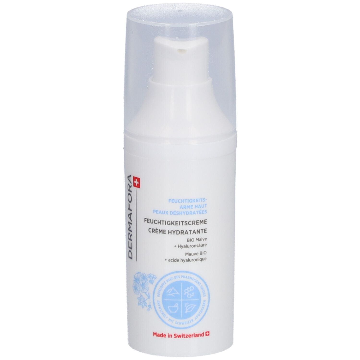 Weiße Pumpflasche mit transparentem Deckel. Aufschrift: DERMAFORA, Feuchtigkeitscreme, Creme hydratante. Schweizer Kreuz.