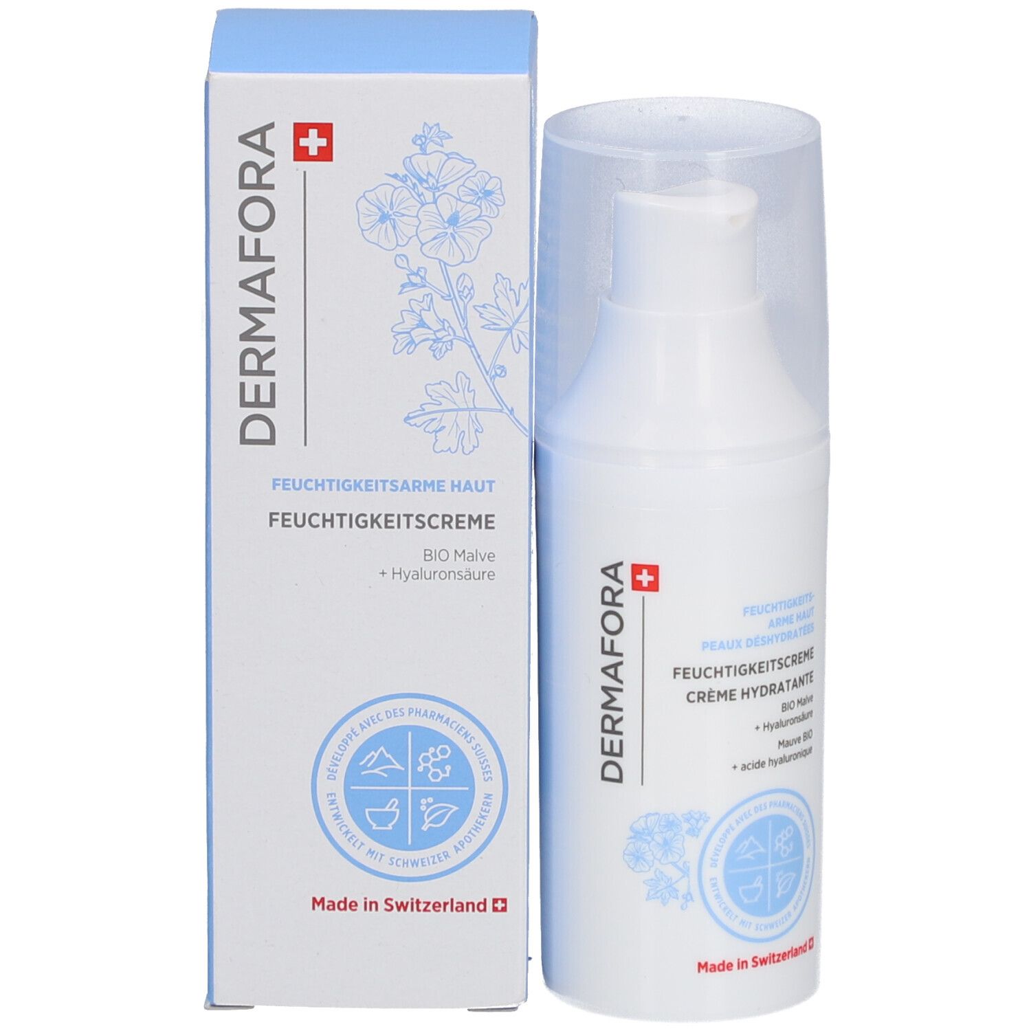 Weiße Pumpflasche mit transparentem Deckel und Verpackung. Aufschrift: DERMAFORA, Feuchtigkeitscreme. Schweizer Kreuz.