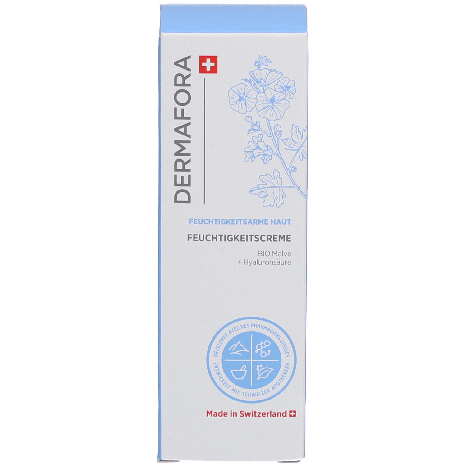 Verpackung mit Aufschrift: DERMAFORA, Feuchtigkeitscreme. Schweizer Kreuz. Abbildung von Blüten.