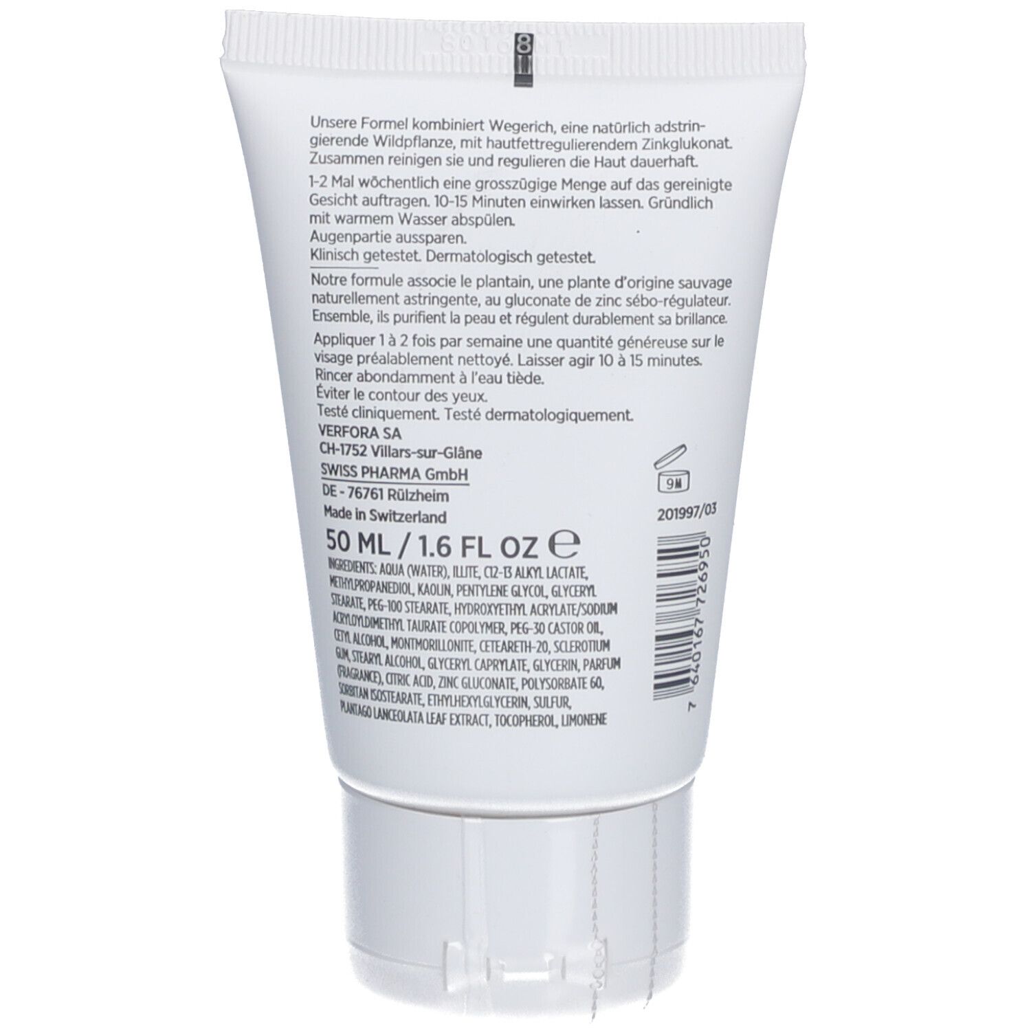 Rückseite der Tube. Text und Inhaltsstoffe. 50 ml. Made in Switzerland. Chargennummer und Barcode.