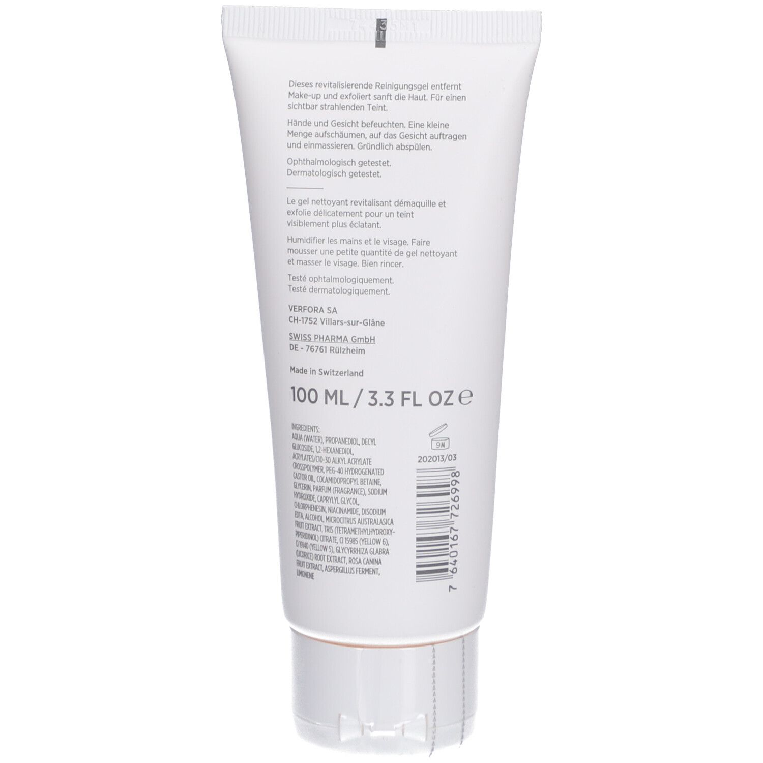 Rückseite der Tube. Text: Anwendung, Inhaltsstoffe, Herstelleradresse, 100 ml/3.3 FL OZ. Barcode.