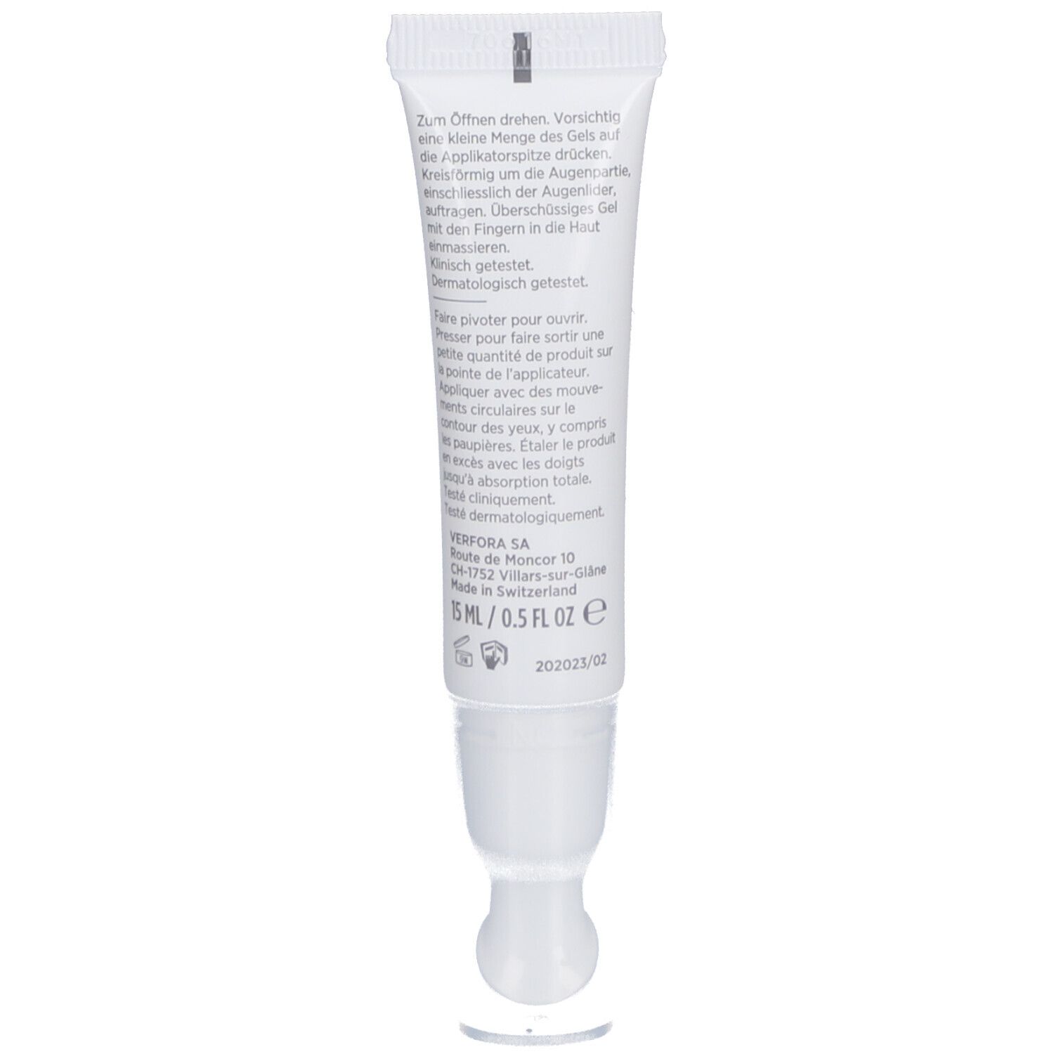 Rückseite der Tube. Text in Deutsch. Herstelleradresse. Volumen: 15 ml / 0.5 fl oz. Dermatologisch getestet.