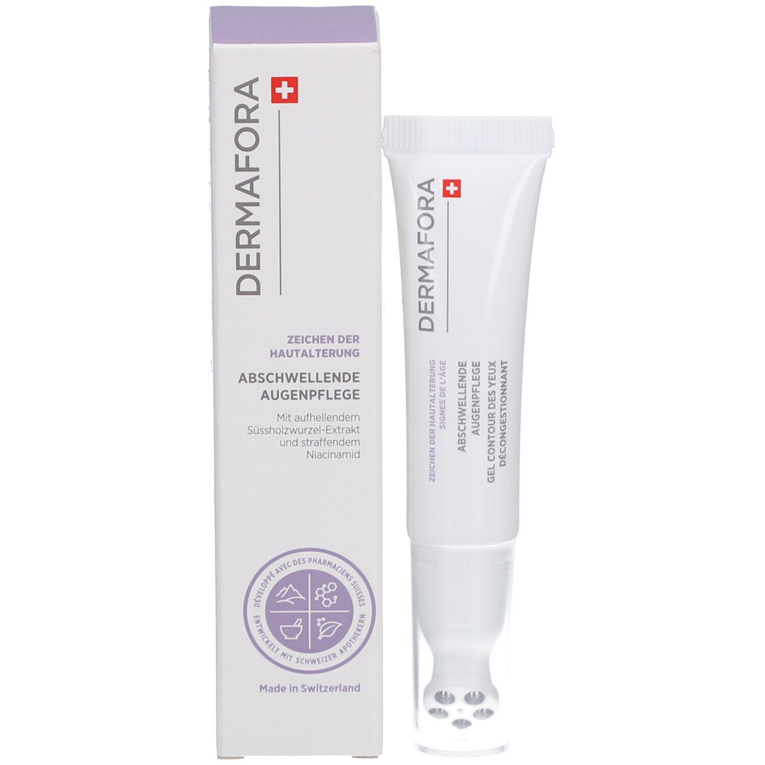 Produkt und Verpackung. Tube und Schachtel. Aufschrift: DERMAFORA, Abschwellende Augenpflege. Schweizer Kreuz.