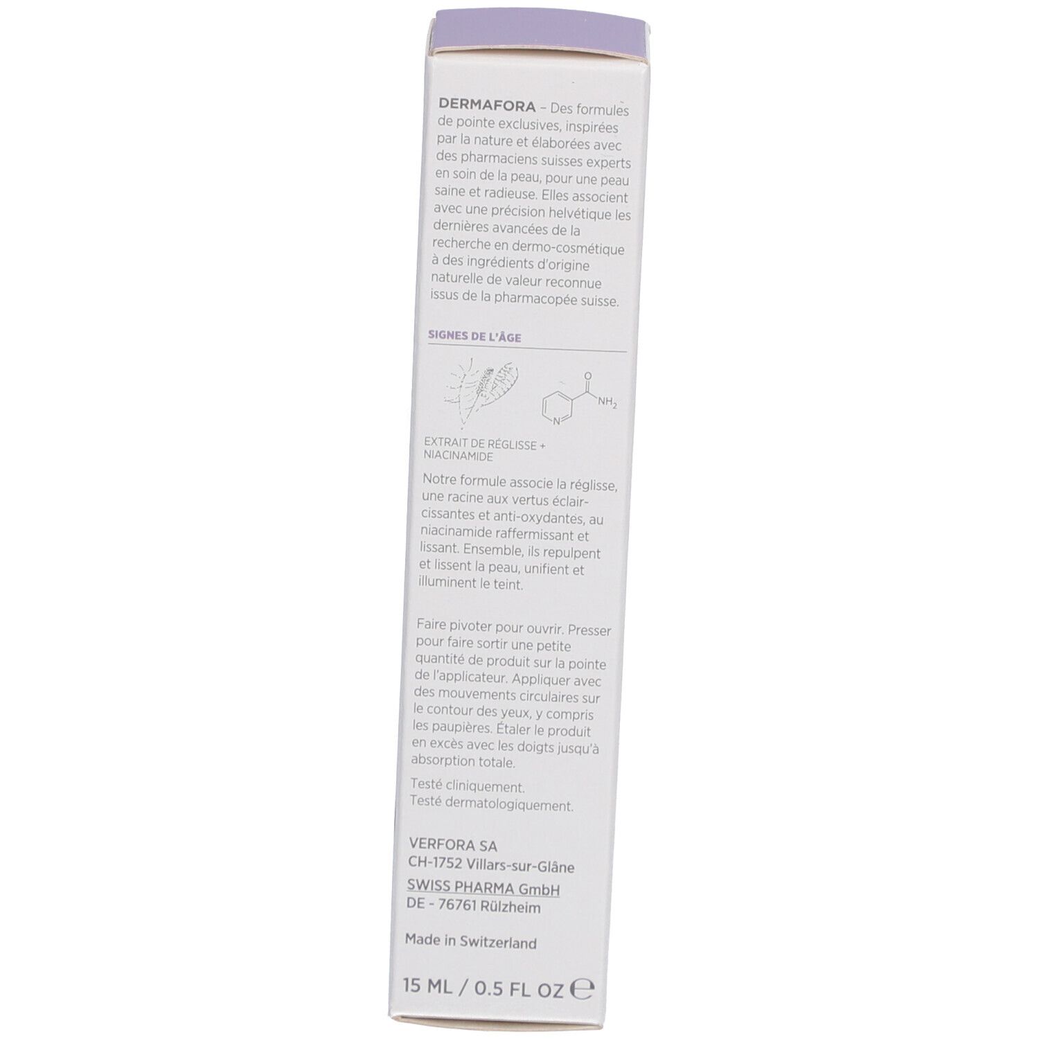 Schachtel. Text in Deutsch. Inhaltsstoffe, Anwendungshinweise. Herstelleradresse. Volumen: 15 ml / 0.5 fl oz.