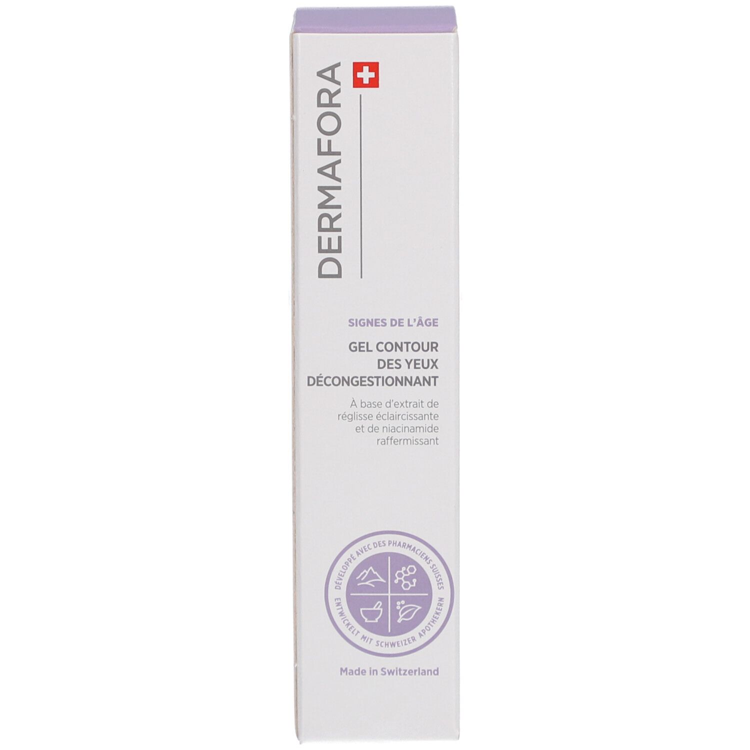 Schachtel. Aufschrift: DERMAFORA, Gel Contour des Yeux Décongestionnant. Schweizer Kreuz. Mit Gütesiegeln.