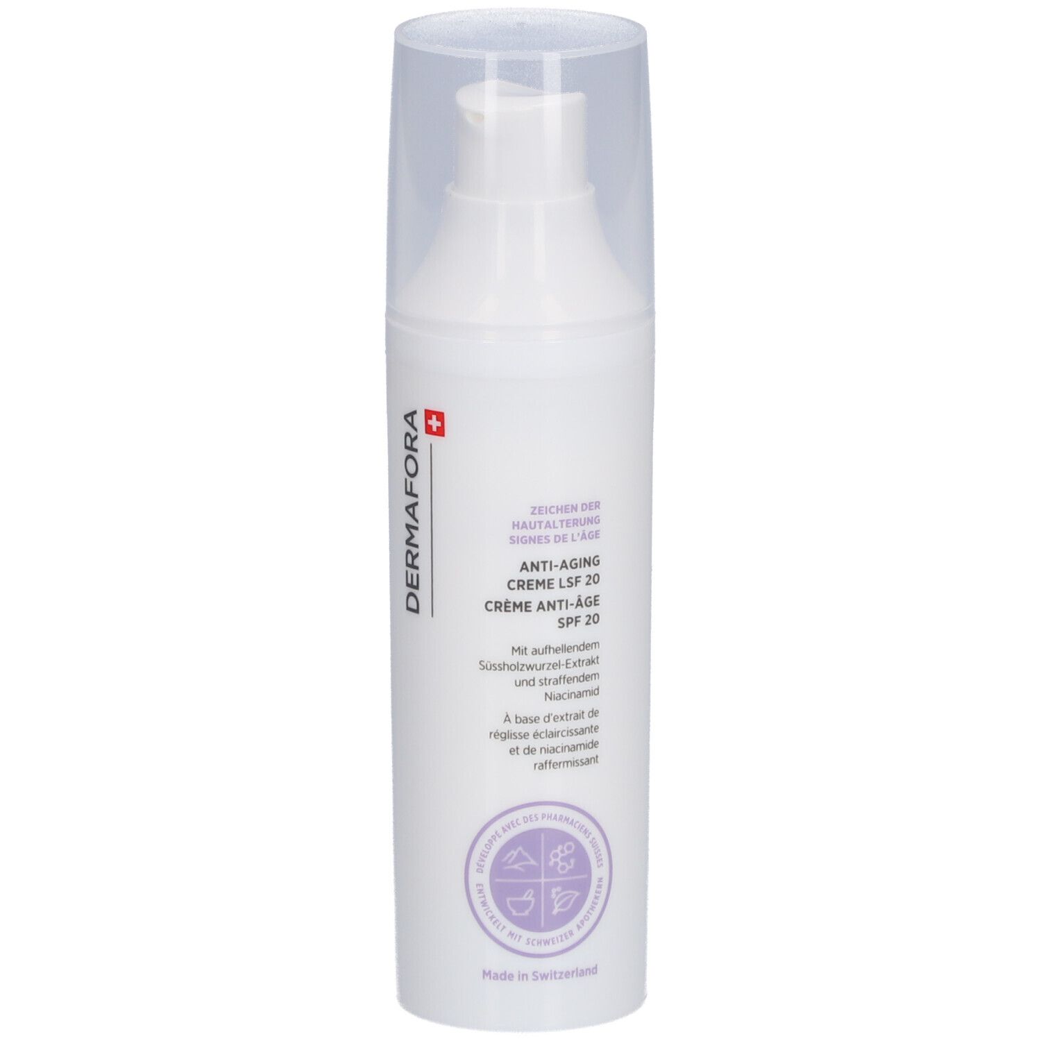 Weiße Creme-Flasche mit transparentem Deckel. Aufschrift: DERMAFORA, Anti-Aging Creme LSF 20. Schweizer Kreuz.