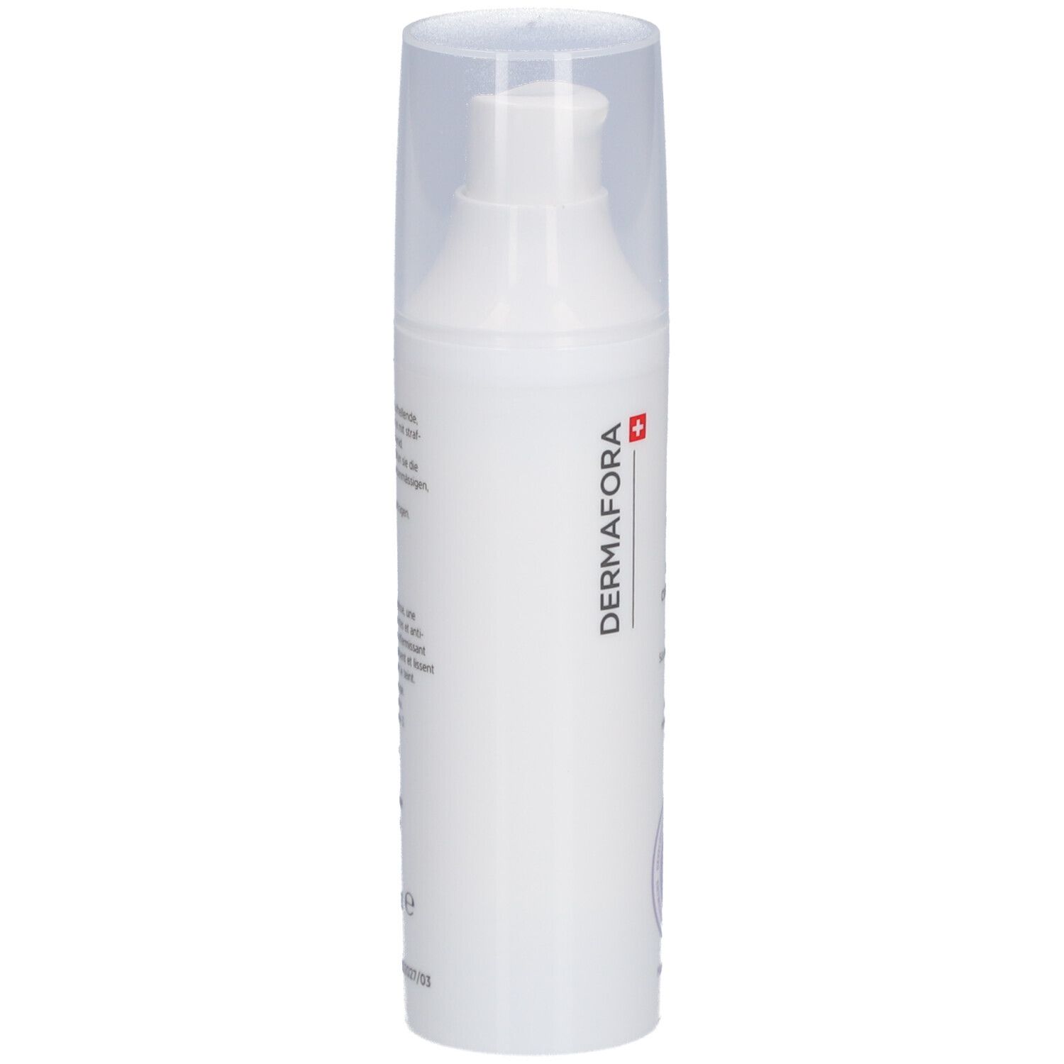 Weiße Creme-Flasche mit transparentem Deckel. Aufschrift: DERMAFORA. Schweizer Kreuz. Seitliche Ansicht.