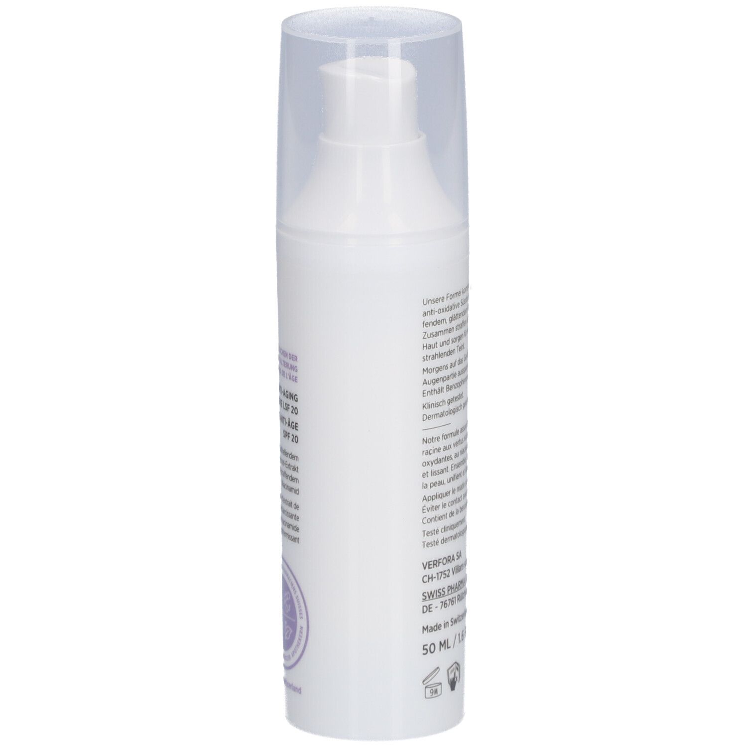 Weiße Creme-Flasche mit transparentem Deckel. Text auf der Rückseite. Aufschrift: 50 ml / 1.6 fl oz. Hergestellt in der Schweiz.