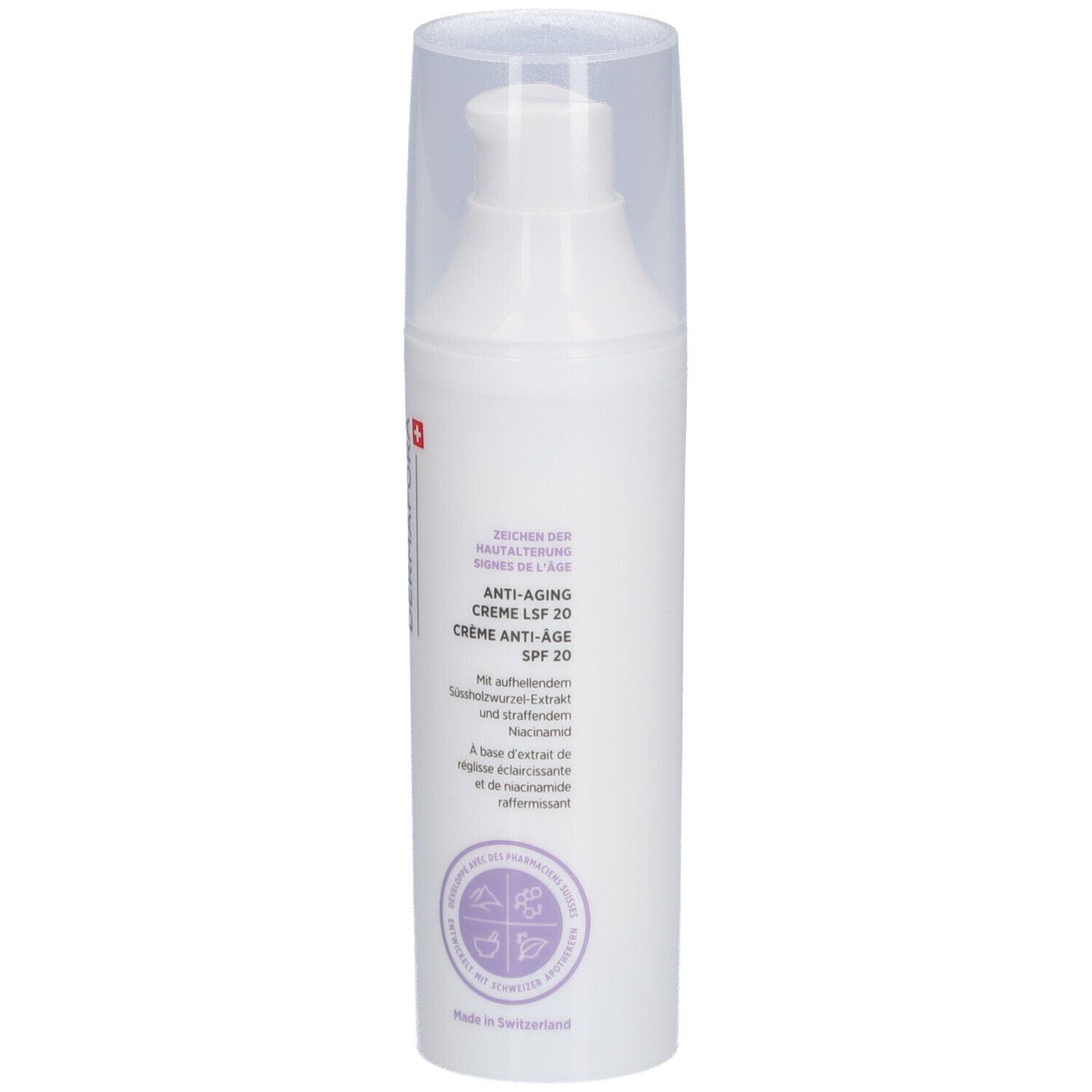Weiße Creme-Flasche mit transparentem Deckel. Aufschrift: DERMAFORA, Anti-Aging Creme LSF 20. Schweizer Kreuz.