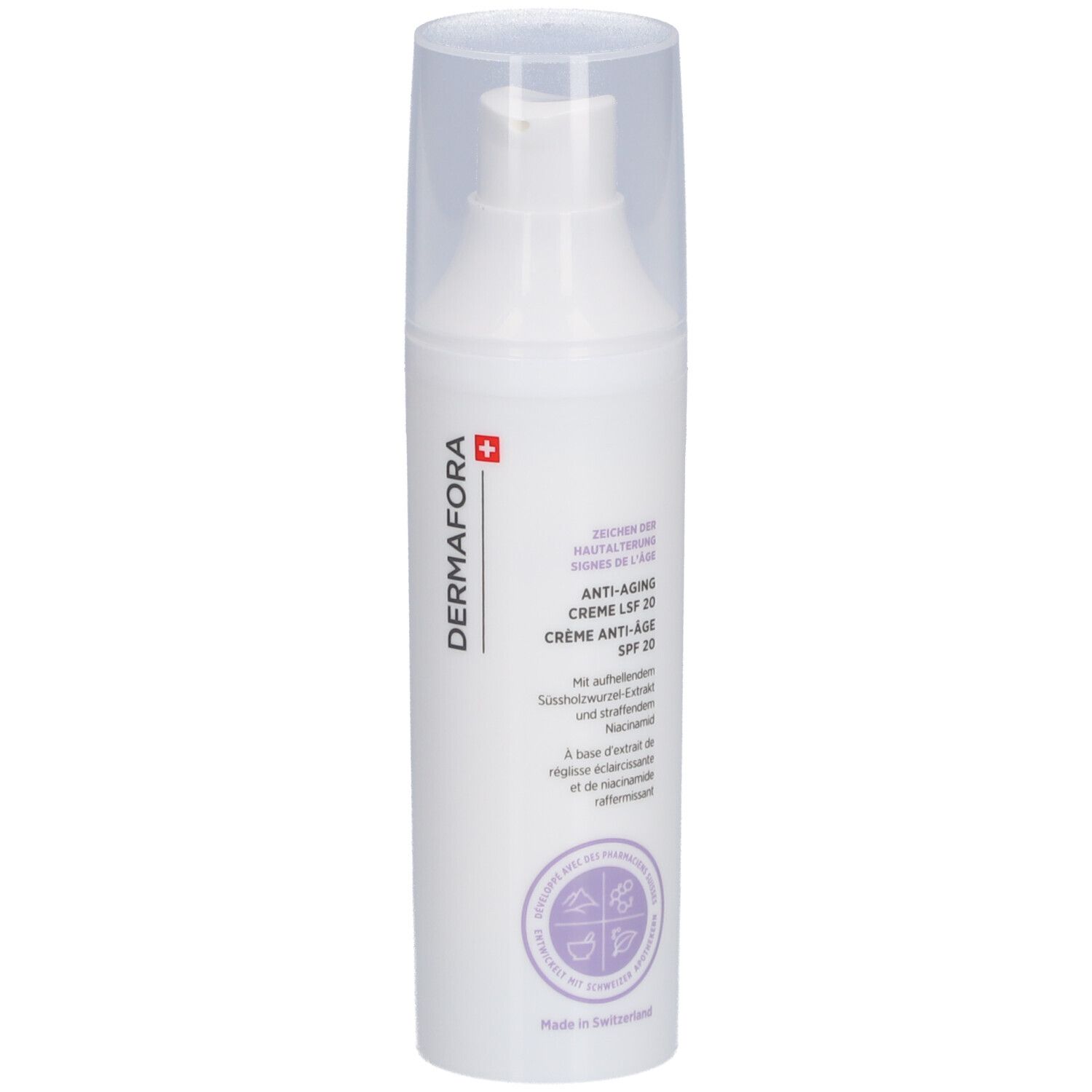 Weiße Creme-Flasche mit transparentem Deckel. Aufschrift: DERMAFORA, Anti-Aging Creme LSF 20. Schweizer Kreuz.